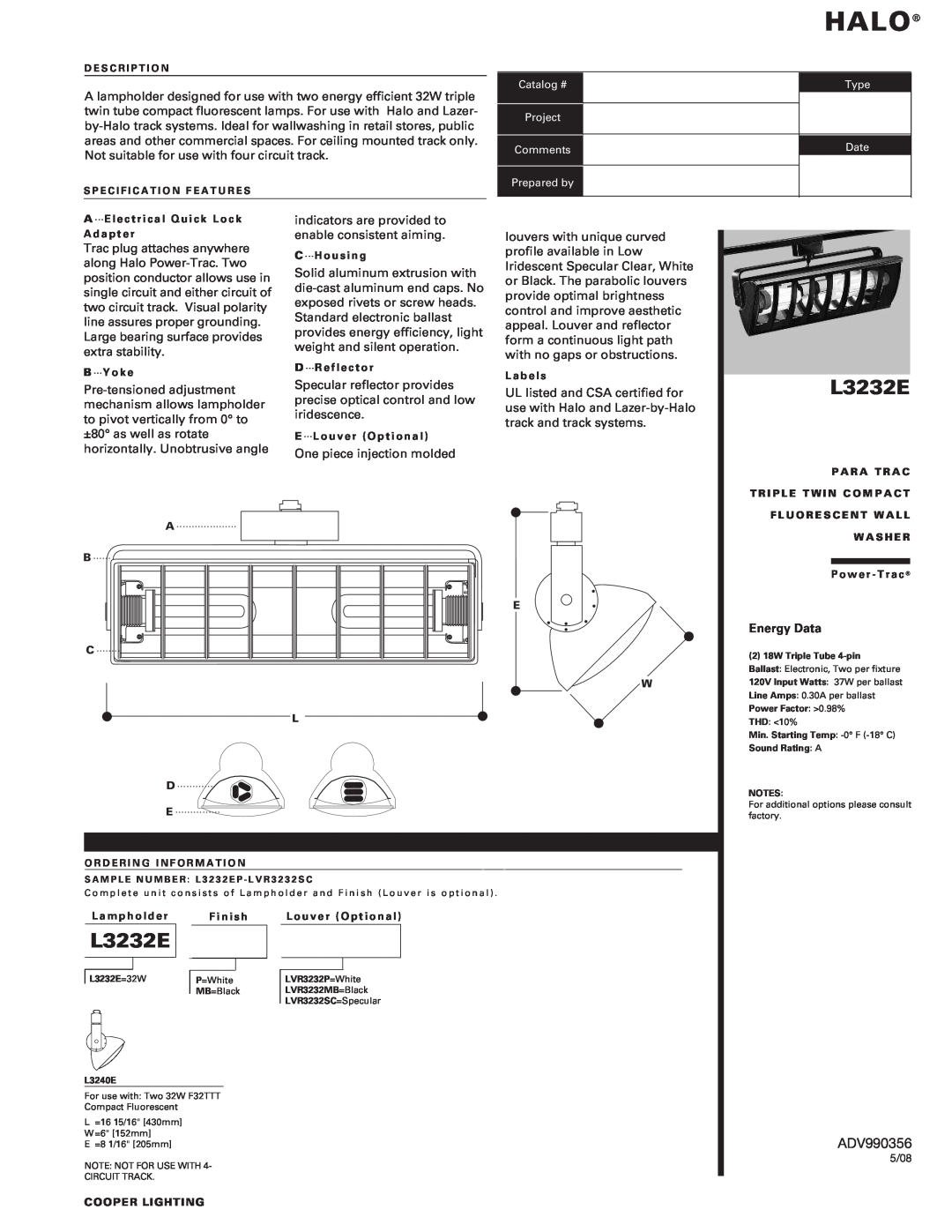 Cooper Lighting L3232E manual Halo, ADV990356, Energy Data 