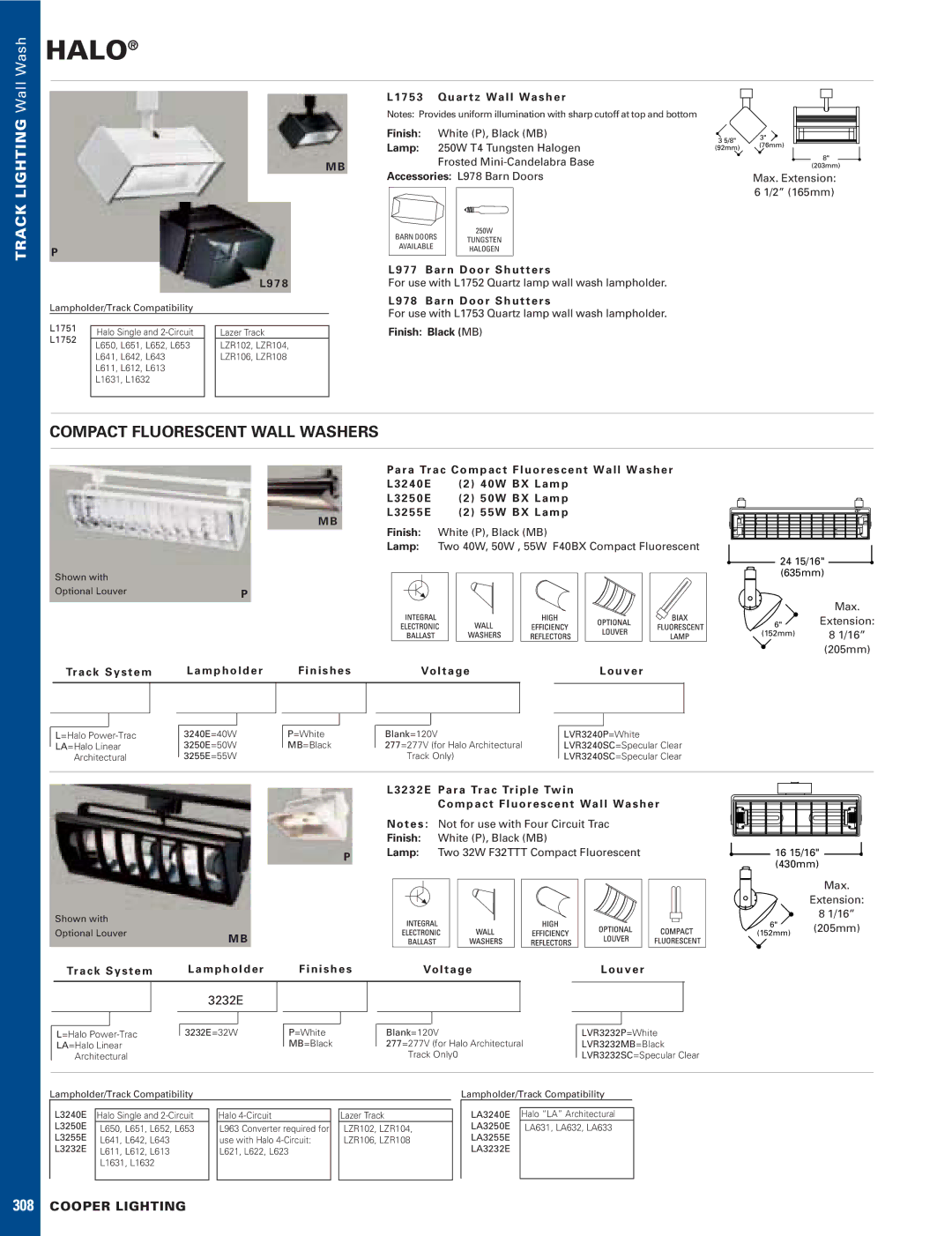 Cooper Lighting L3240E, L3255E, L3250E manual Halo, Compact Fluorescent Wall Washers, Track Lighting Wall, 3232E 