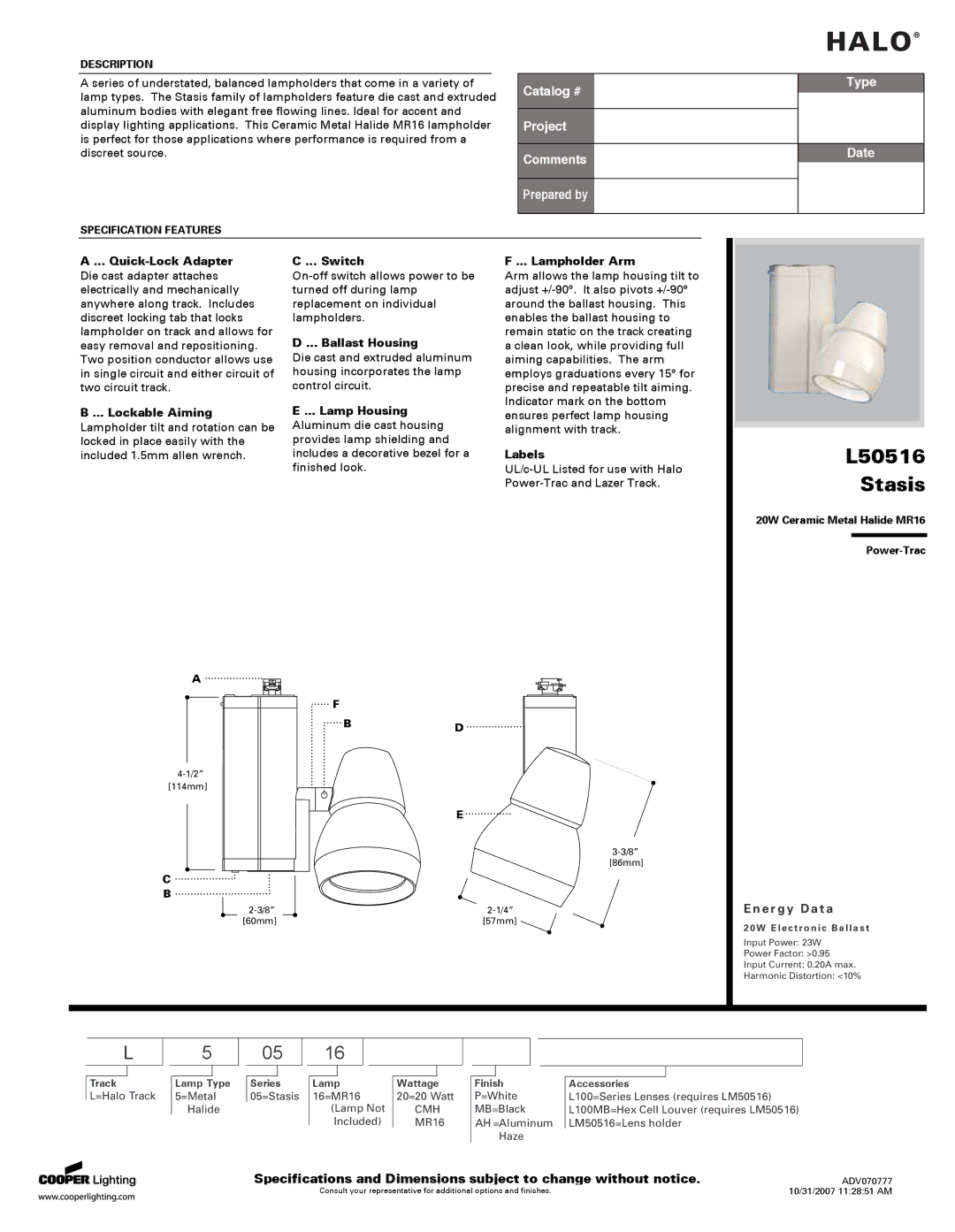 Cooper Lighting L50516 specifications Quick-Lock Adapter, Lockable Aiming, Switch, Ballast Housing, Lamp Housing, Labels 