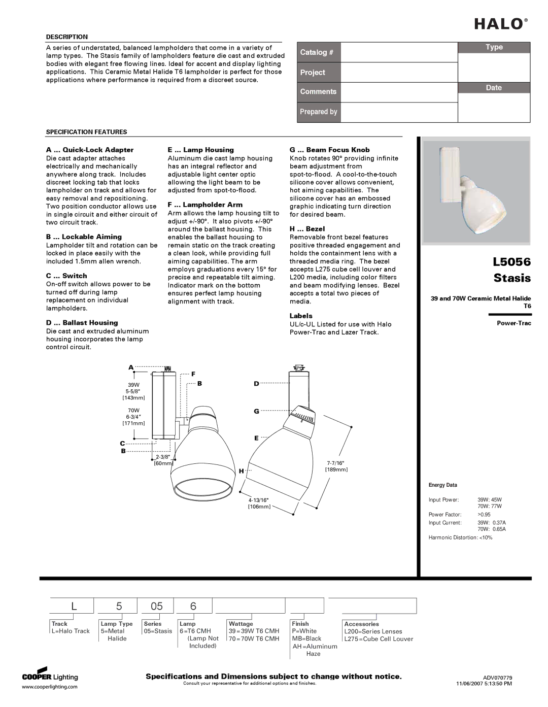 Cooper Lighting L5056 Stasis specifications Quick-Lock Adapter, Lockable Aiming, Switch, Ballast Housing, Lamp Housing 