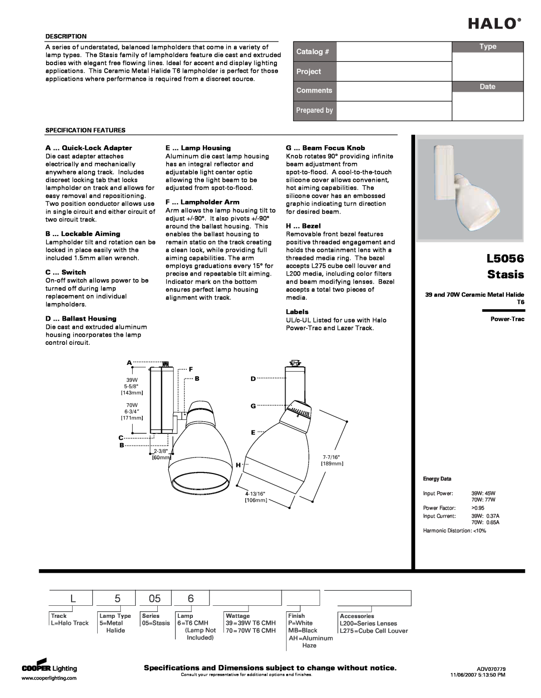 Cooper Lighting L5056 Stasis specifications Halo, Catalog #, Project Comments, Prepared by, Type, Date, C ... Switch 