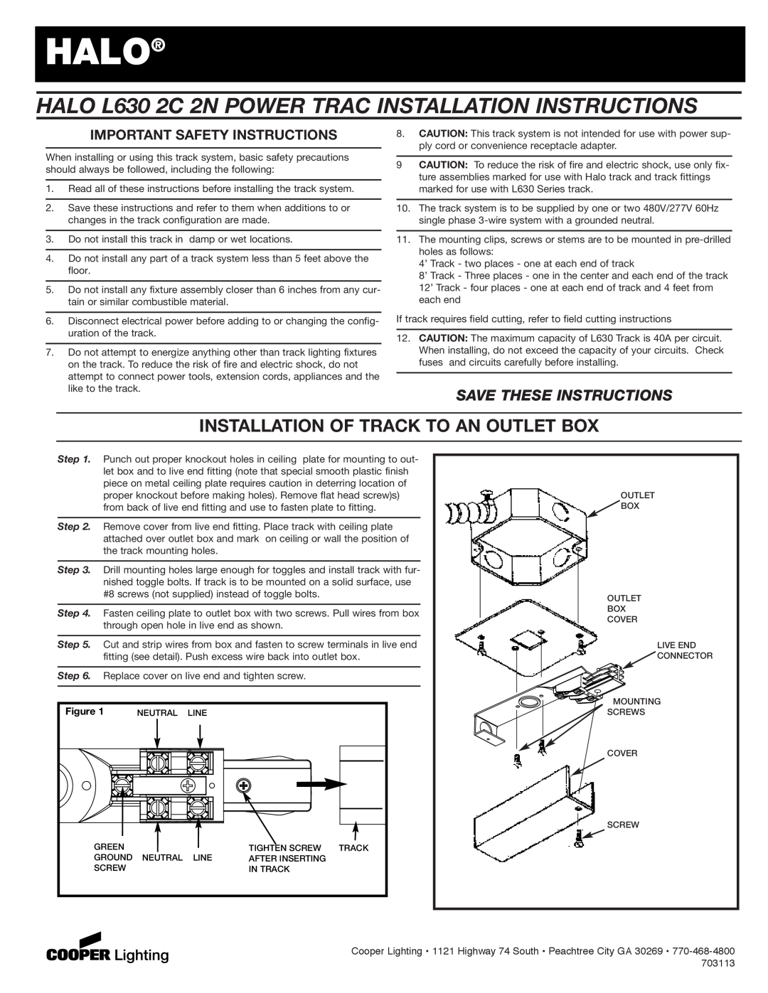 Cooper Lighting L630 2C 2N important safety instructions Installation Of Track To An Outlet Box, Save These Instructions 
