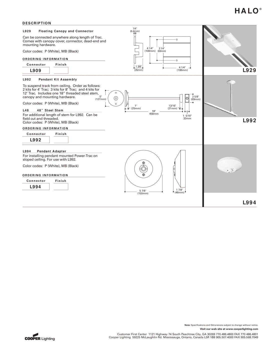 Cooper Lighting L642, L641 L929 L992 L994, L929 Floating Canopy and Connector, N n e c t o r N i s h, L48 48 Steel Stem 