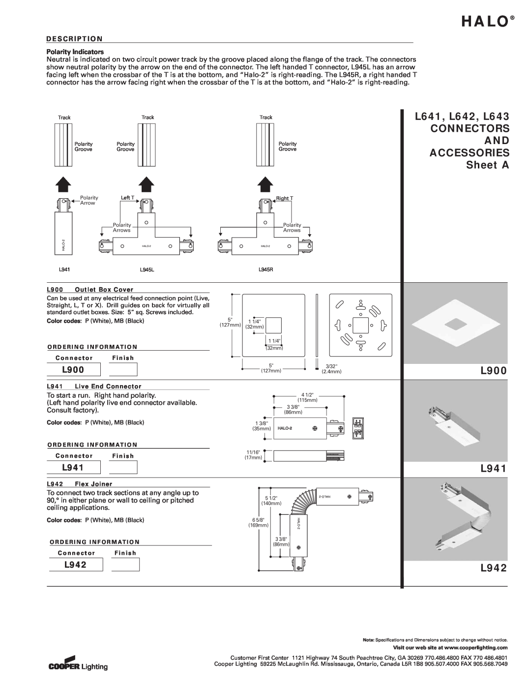 Cooper Lighting specifications L641, L642, L643, Connectors, Accessories, Sheet A, L900, L941, L942, Halo 