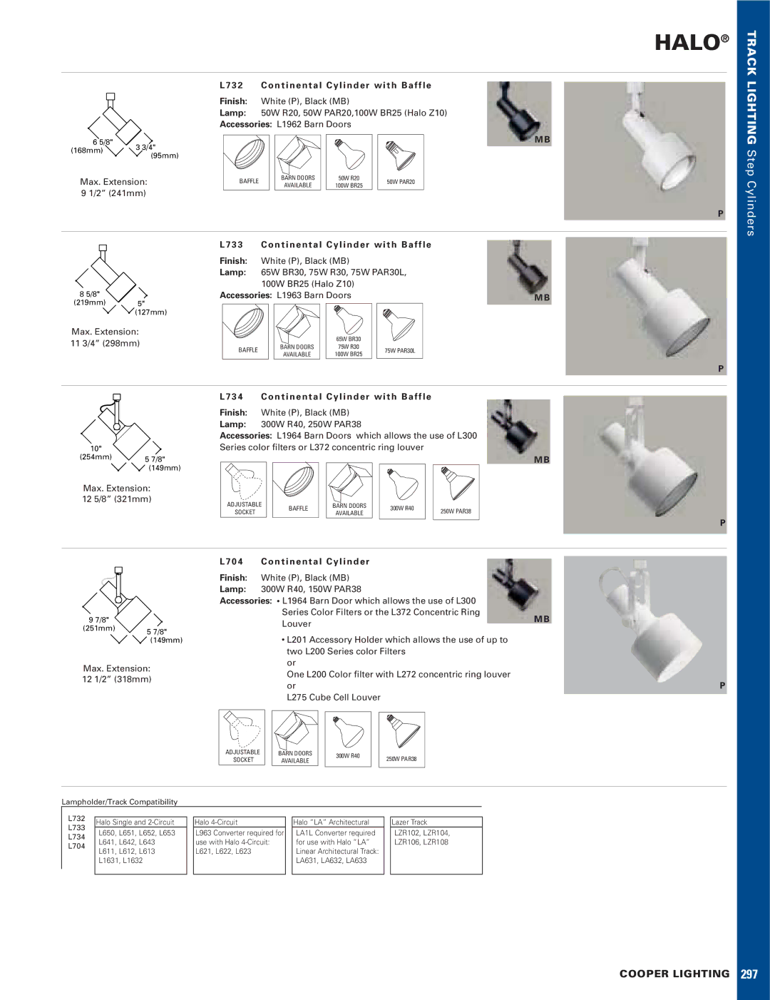 Cooper Lighting L732, L733, L734, L704 manual Max. Extension, 11 3/4 298mm, 0 4 C o n t i n e n t a l C y l i n d e r 