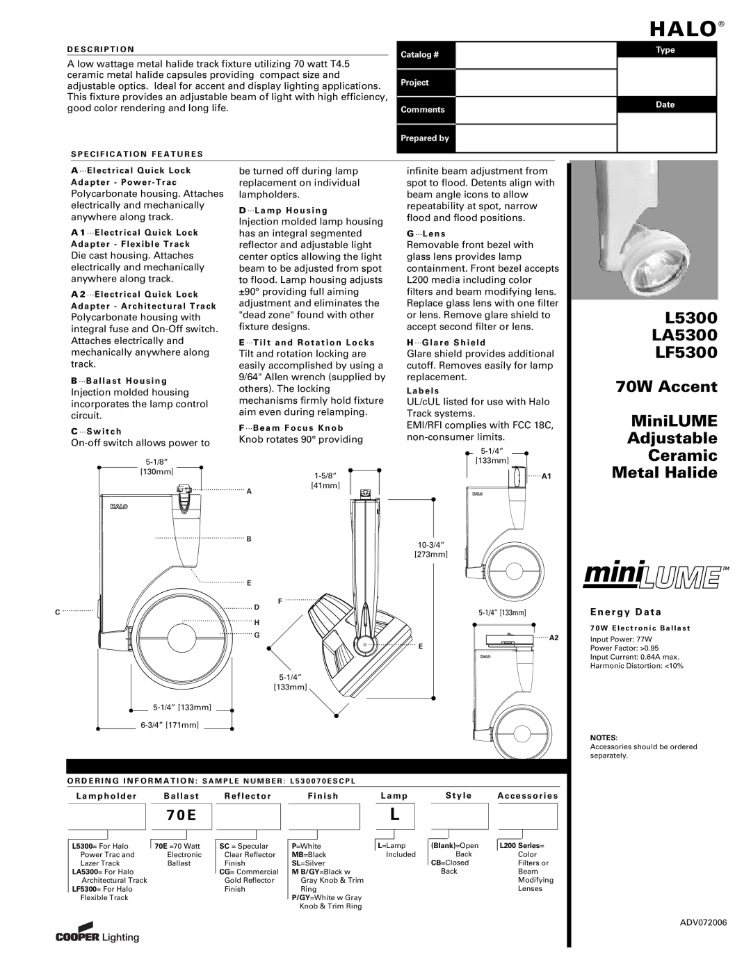 Cooper Lighting LF5300, LA5300 manual Energy Data, Descr IPT ION, SP Ecific AT IO N Features, Or Derin G Info RM Ation 