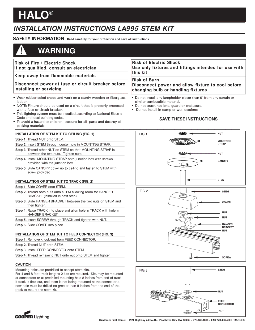 Cooper Lighting installation instructions Halo, Installation Instructions LA995 Stem KIT 