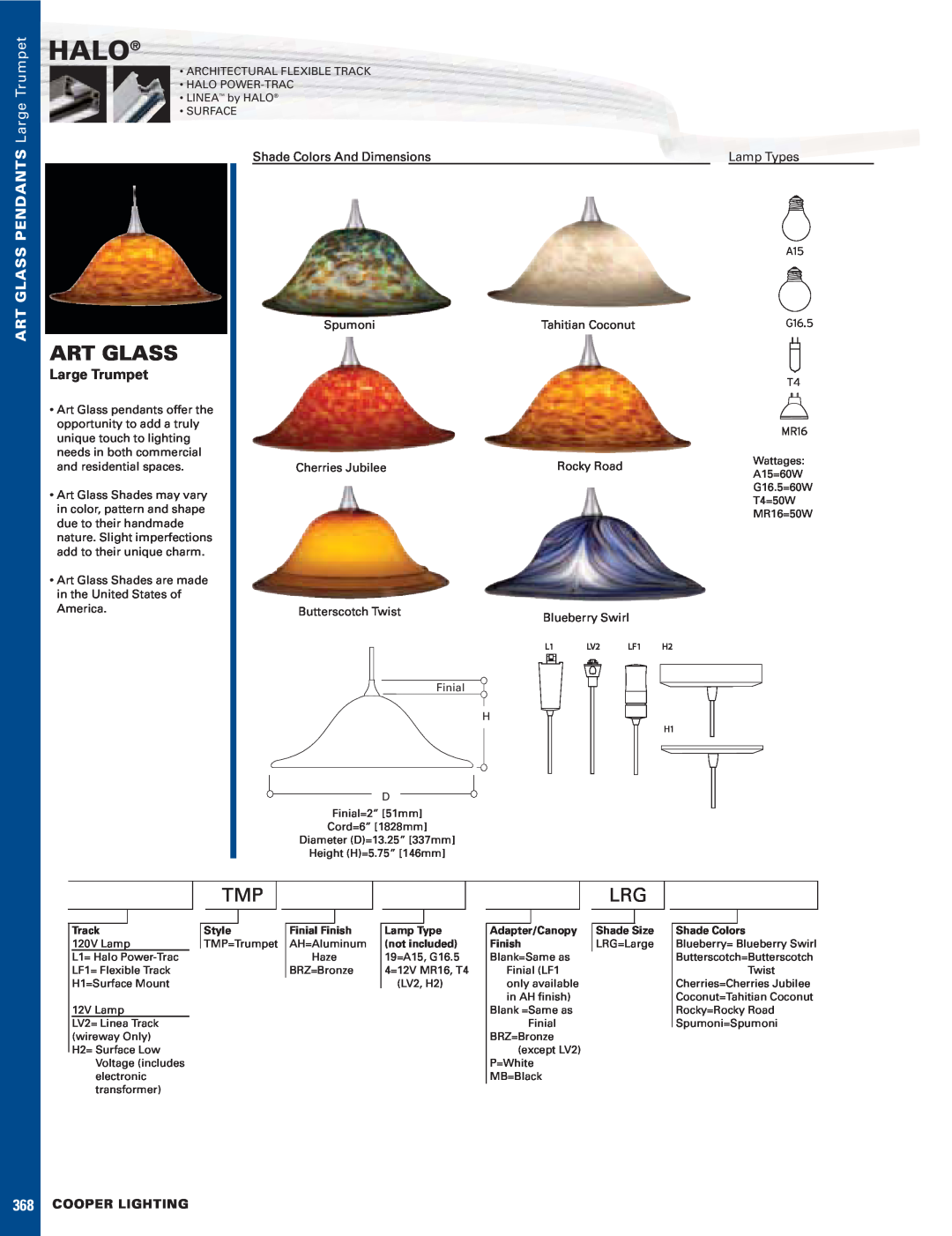 Cooper Lighting Large Trumpet dimensions Halo, Art Glass, Glass Pendants, Shade Colors And Dimensions, Lamp Types 