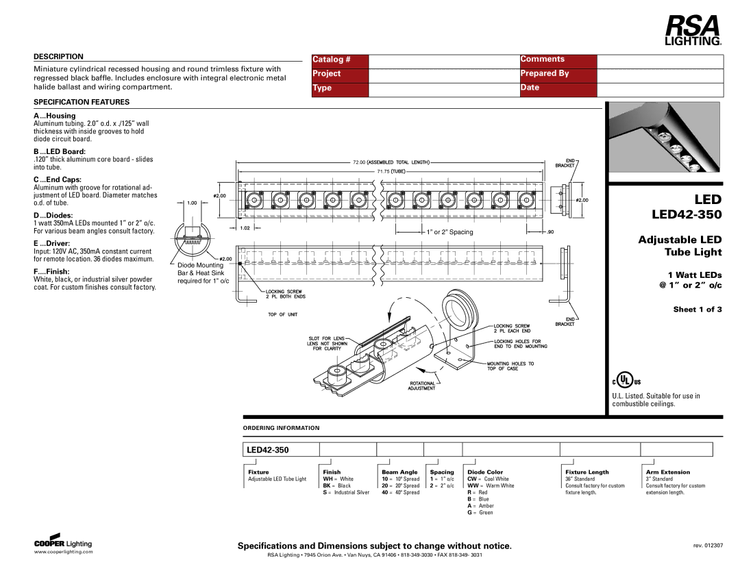 Cooper Lighting LED42-350 specifications Watt LEDs, @ 1 or 2 o/c 