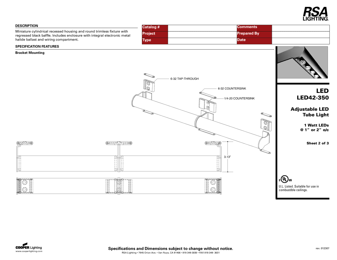 Cooper Lighting LED42-350 specifications Bracket Mounting, Sheet 2 
