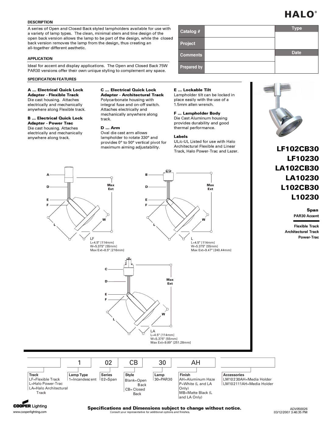 Cooper Lighting LF10230 specifications Electrical Quick Lock Adapter Flexible Track, Arm, Lockable Tilt, Lampholder Body 