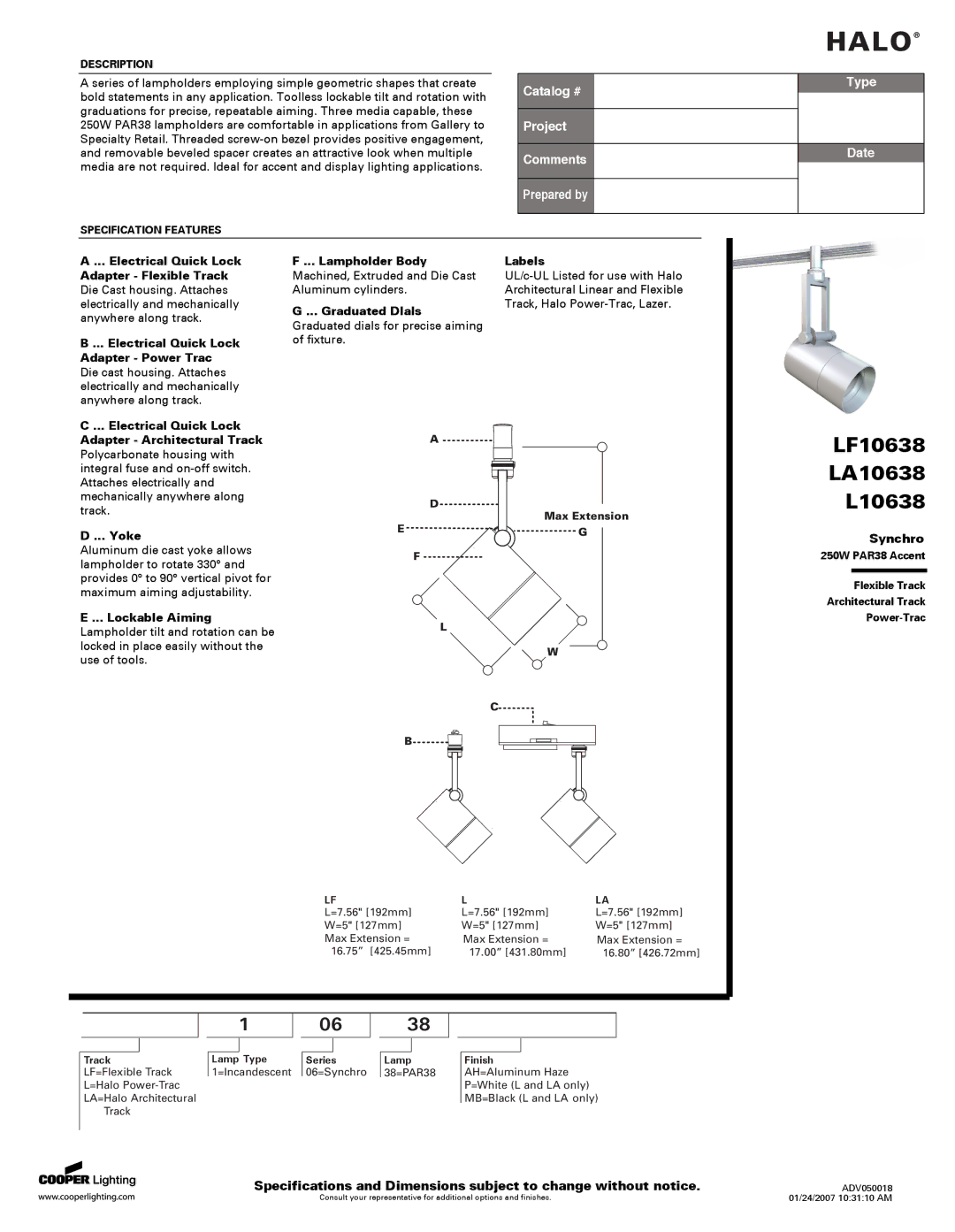 Cooper Lighting LA10638, LF10638, L10638 specifications Electrical Quick Lock Adapter Flexible Track, Yoke, Lockable Aiming 