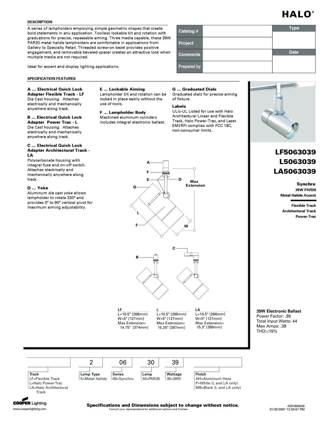 Cooper Lighting specifications LF5063039, L5063039 LA5063039 