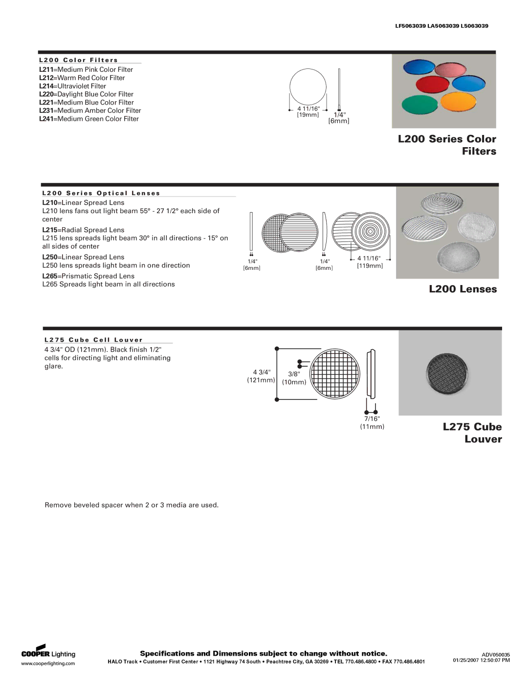 Cooper Lighting L5063039, LF5063039, LA5063039 specifications L200 Series Color 