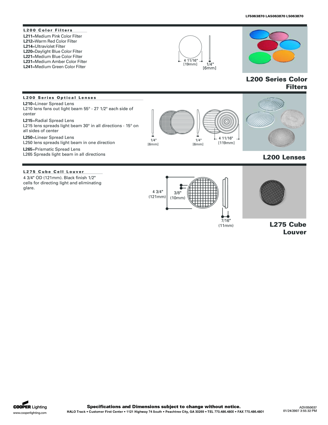 Cooper Lighting L5063870, LF5063870, LA5063870 specifications L200 Series Color Filters, L200 Lenses, L275 Cube Louver 