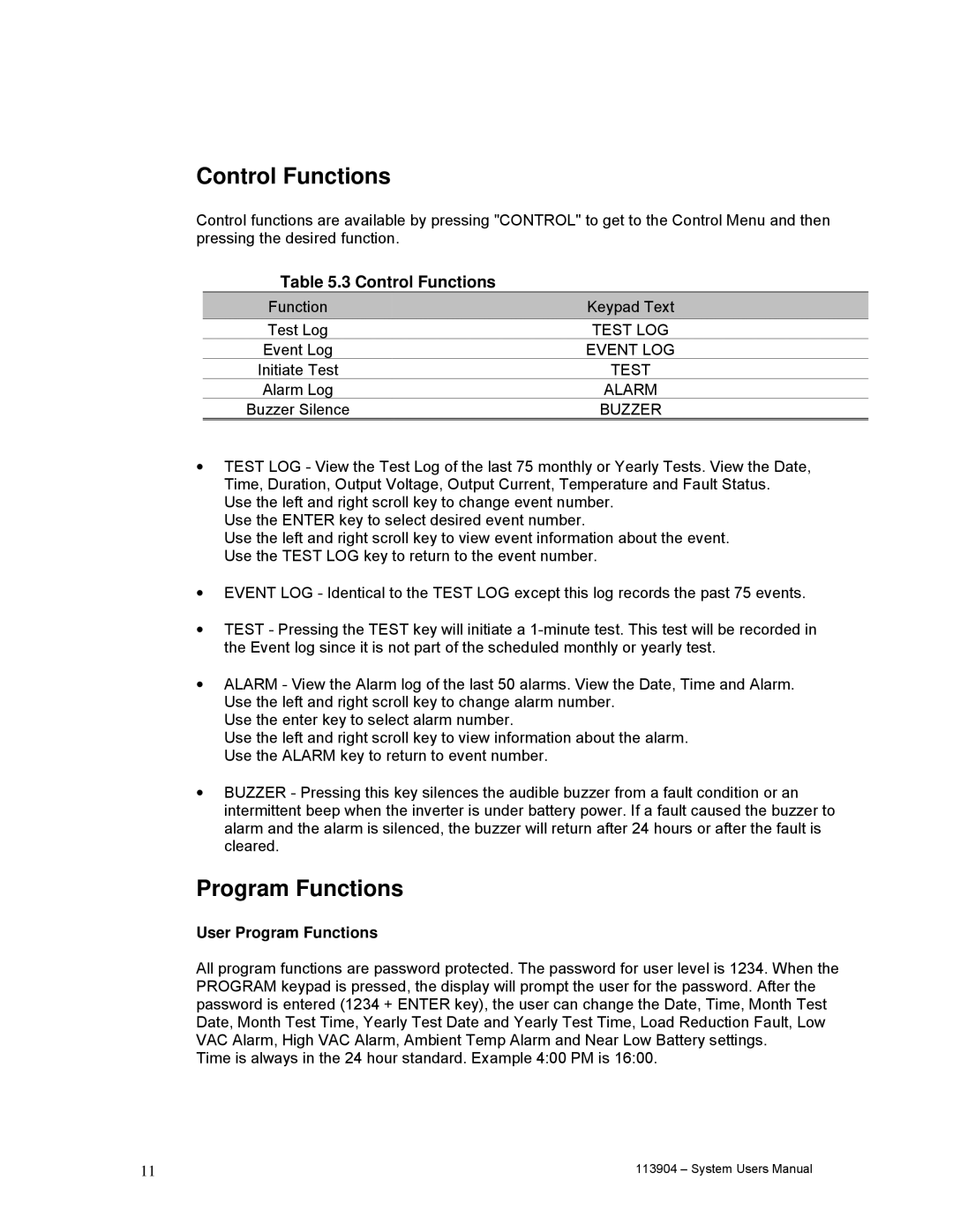 Cooper Lighting Lifeway II Series user manual Control Functions, Program Functions 