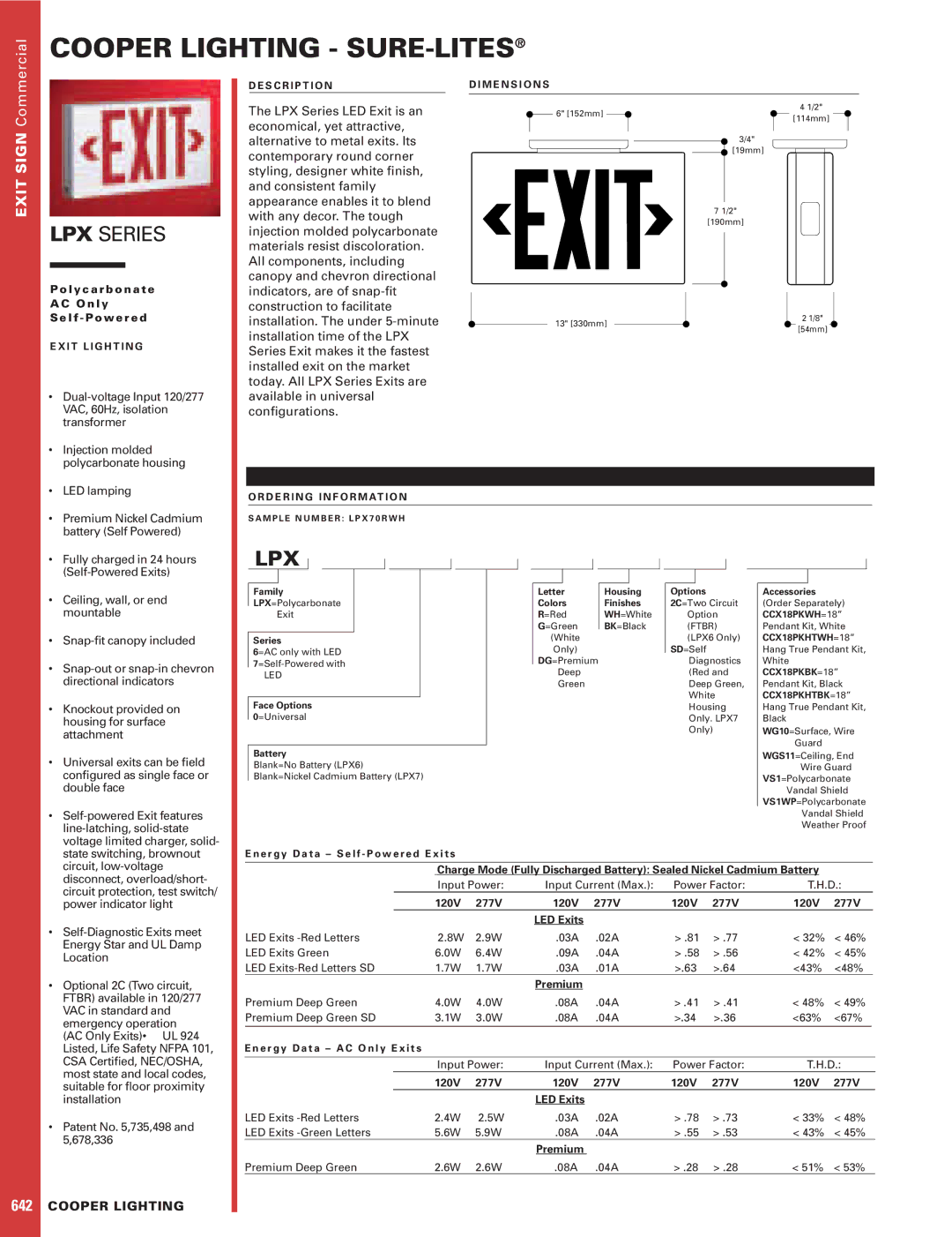 Cooper Lighting dimensions Cooper Lighting SURE-LITES, Exit Sign Commercial, LPX Series LED Exit is an 