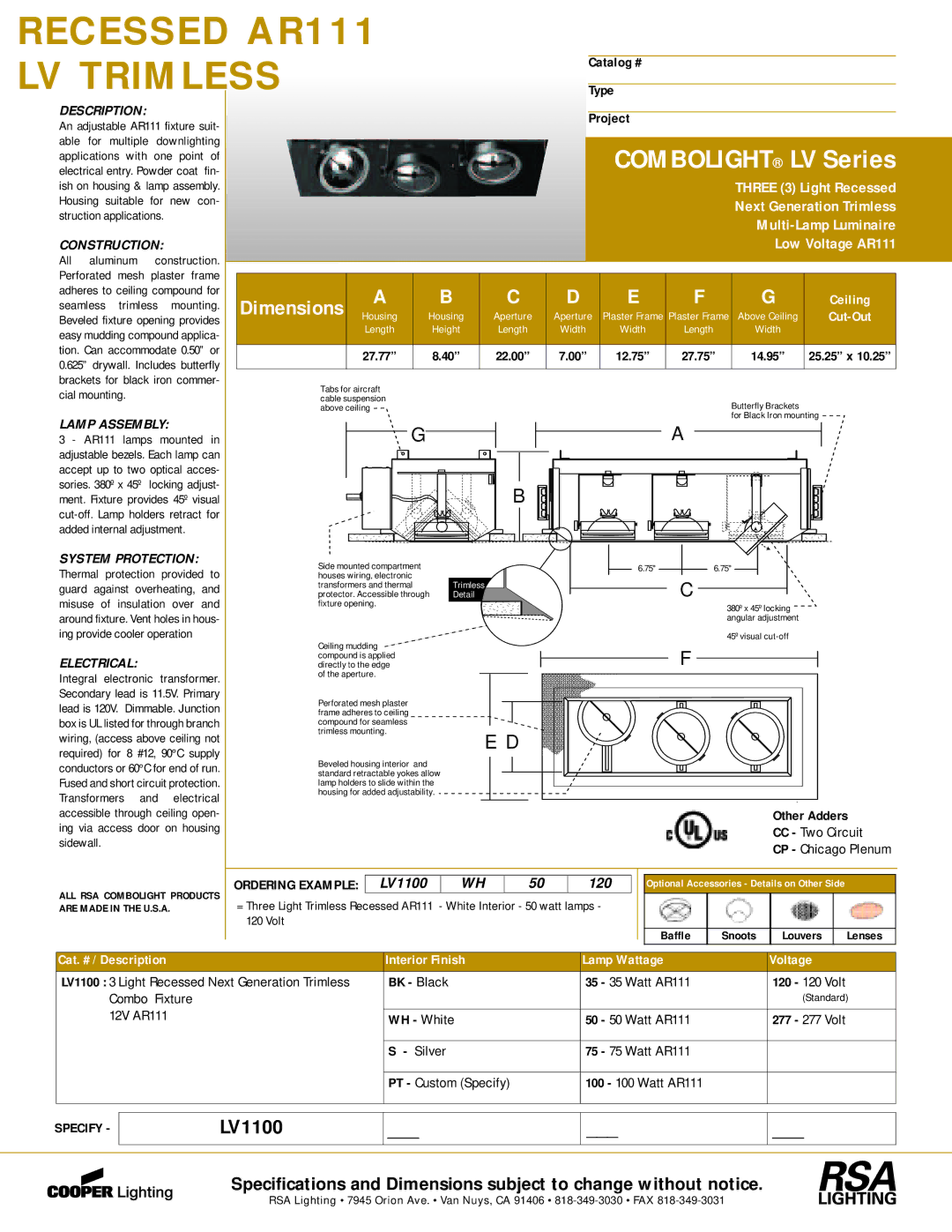 Cooper Lighting LV1100 dimensions Lamp Assembly, System Protection, Electrical, Ordering Example 