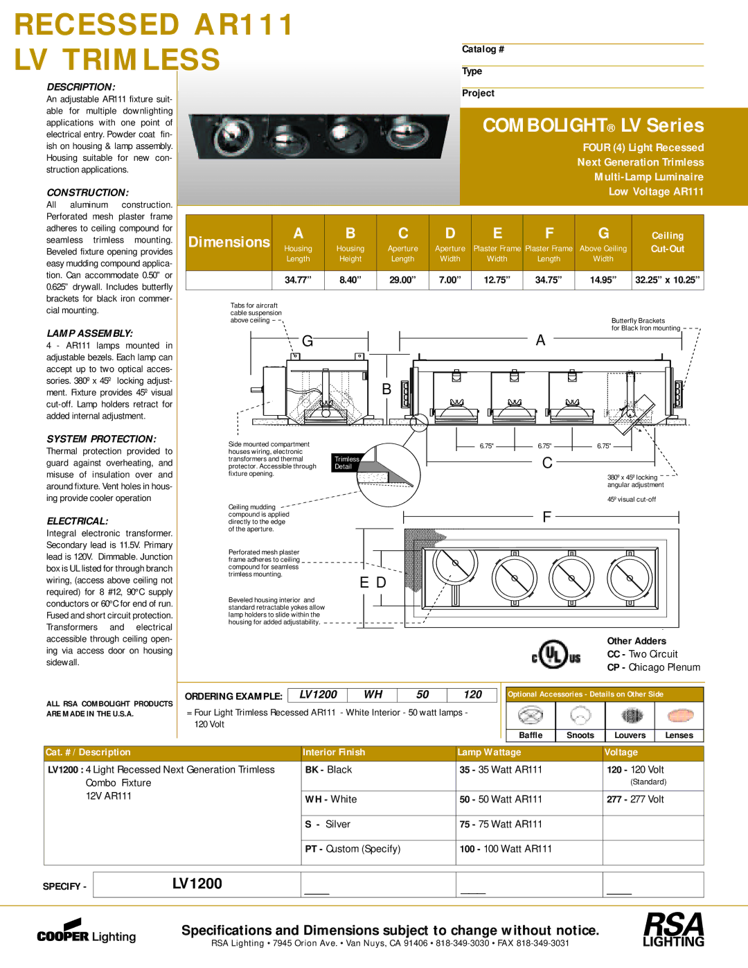 Cooper Lighting LV1200 dimensions Construction, Lamp Assembly, System Protection, Electrical, Ordering Example 