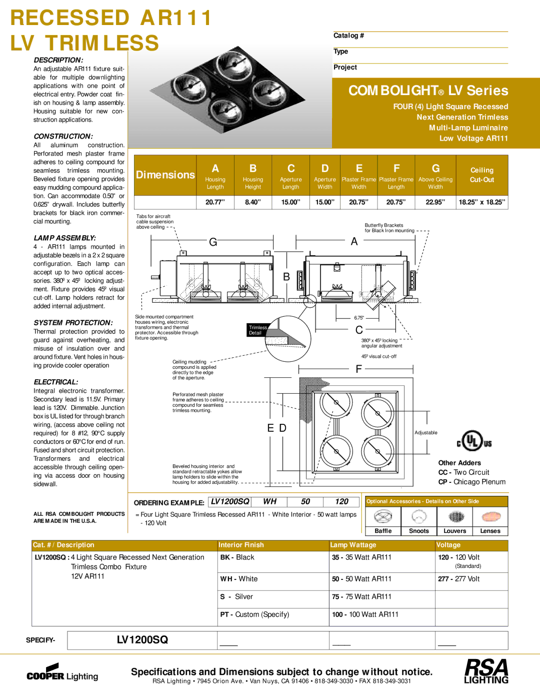 Cooper Lighting LV1200SQ dimensions Lamp Assembly, System Protection, Electrical, Ordering Example 