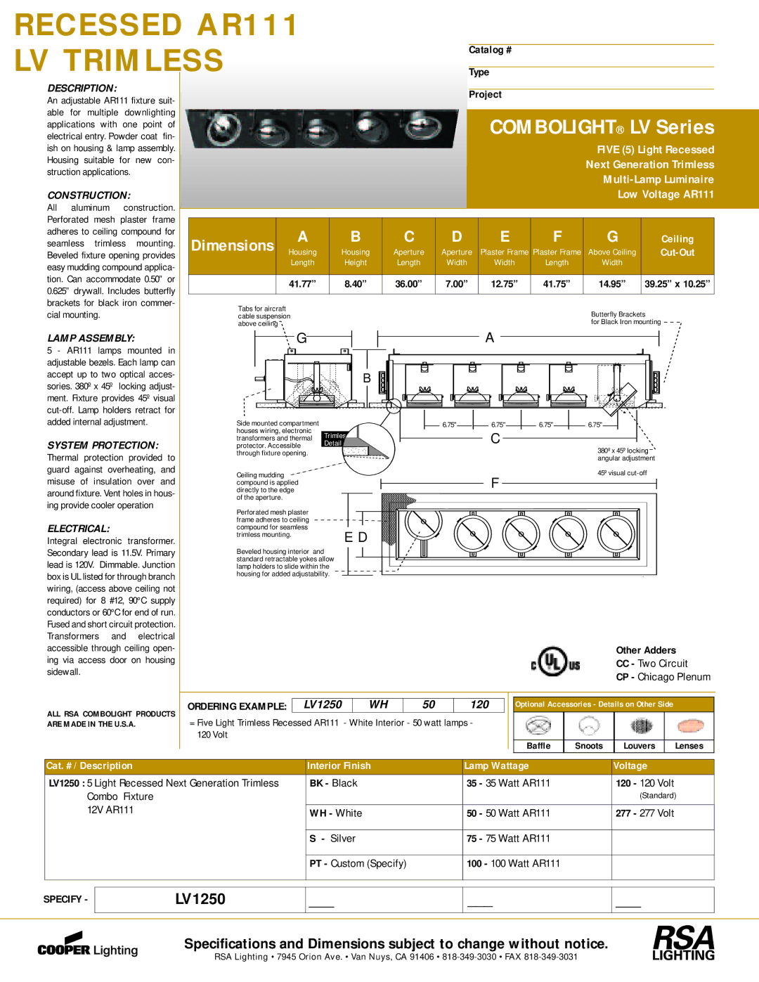 Cooper Lighting LV Series, LV1250 dimensions Lamp Assembly, Electrical, Ordering Example 