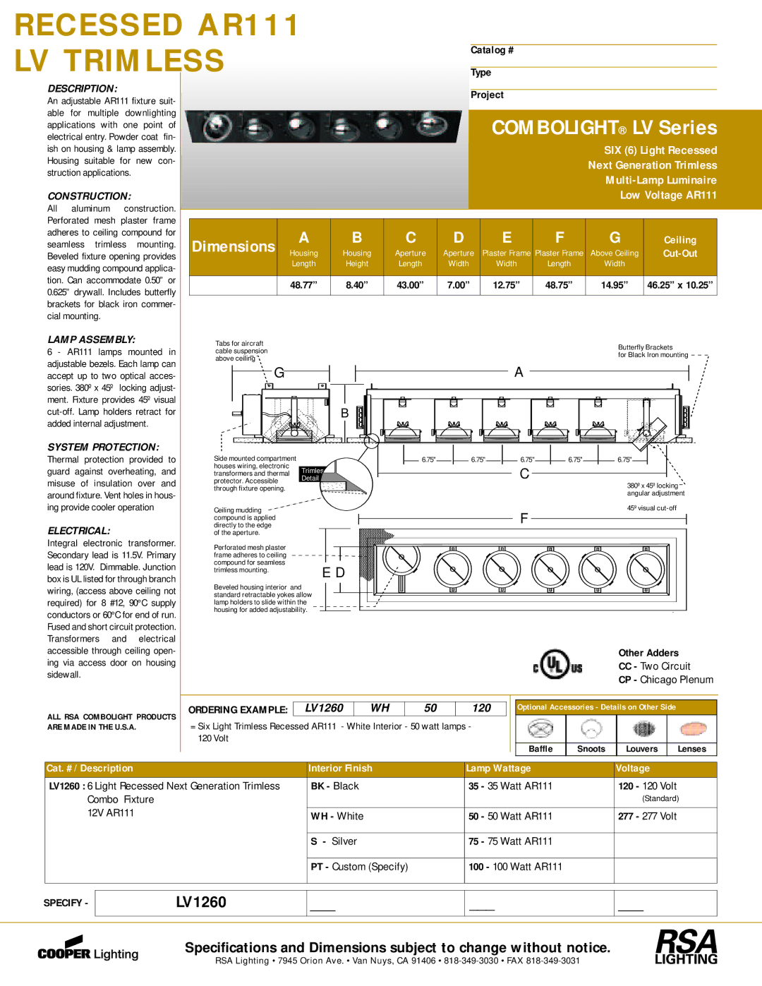 Cooper Lighting LV1260 dimensions Lamp Assembly, Electrical, Ordering Example 