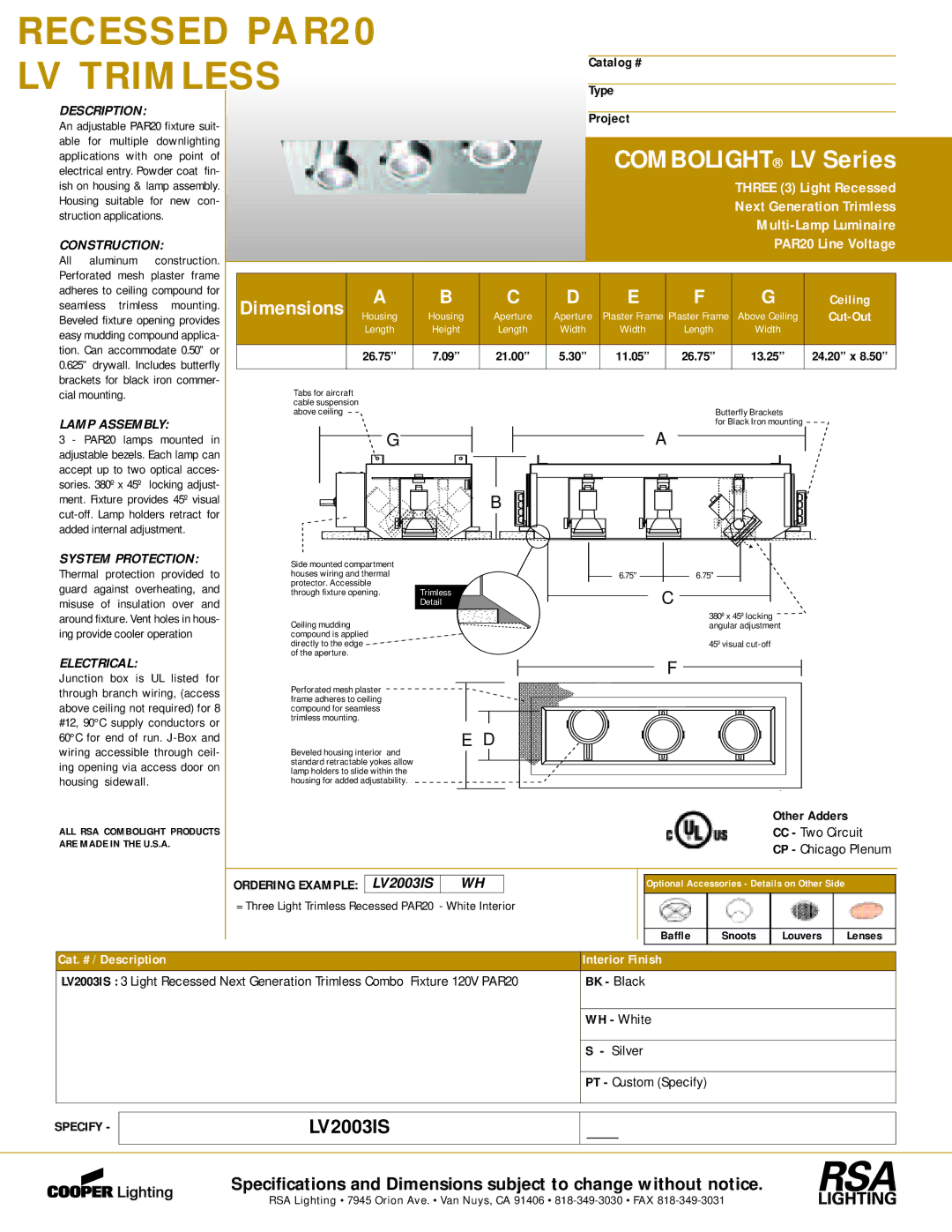 Cooper Lighting LV2003IS dimensions System Protection, Electrical 