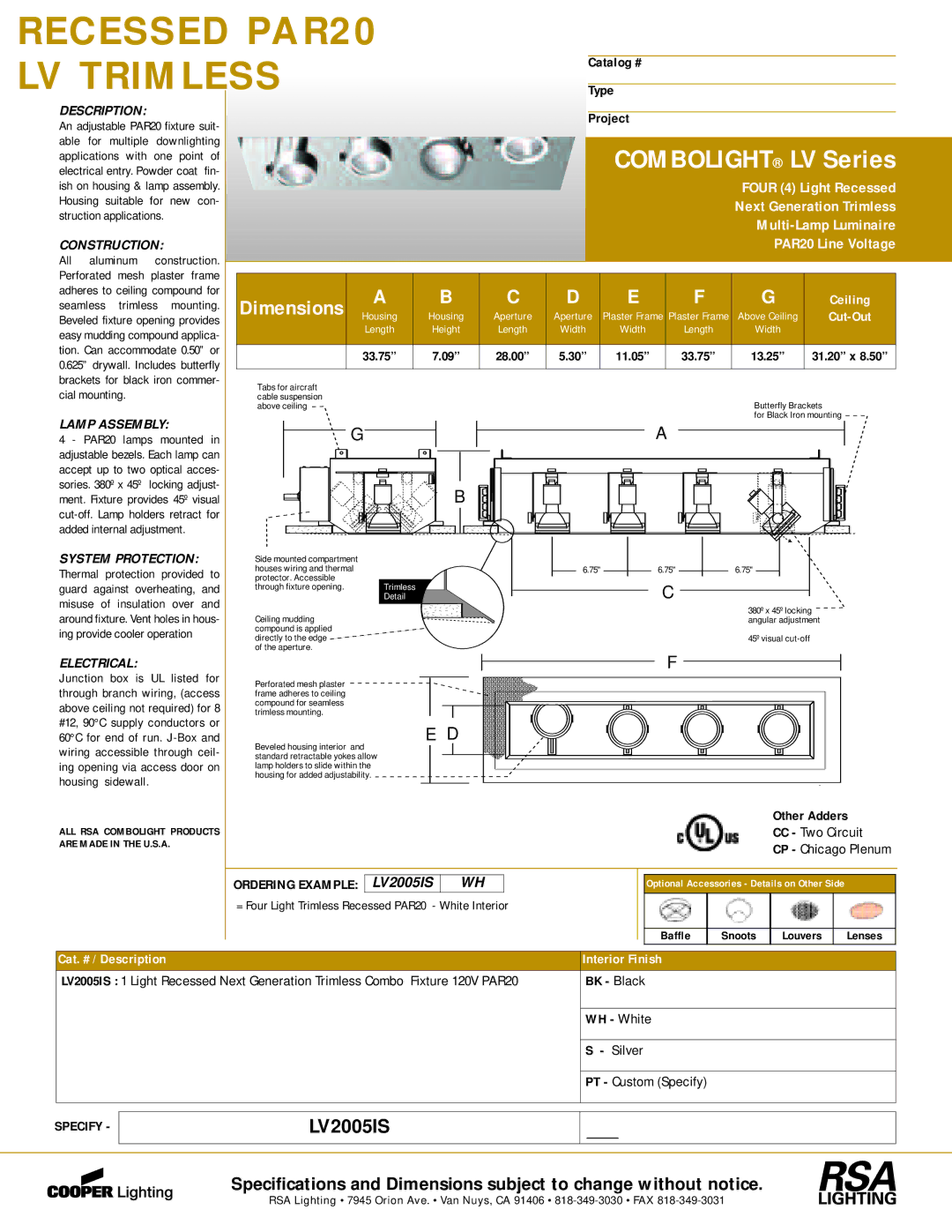 Cooper Lighting LV2005IS dimensions Lamp Assembly, Electrical 