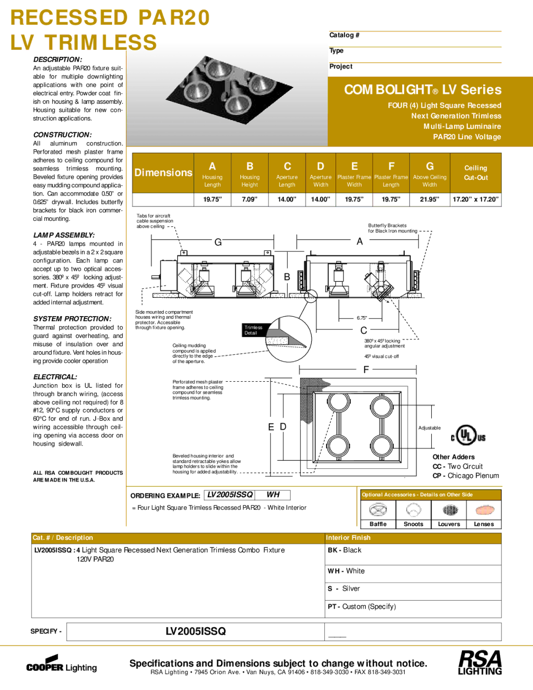 Cooper Lighting LV2005ISSQ dimensions Description, Construction, Lamp Assembly, System Protection, Electrical 