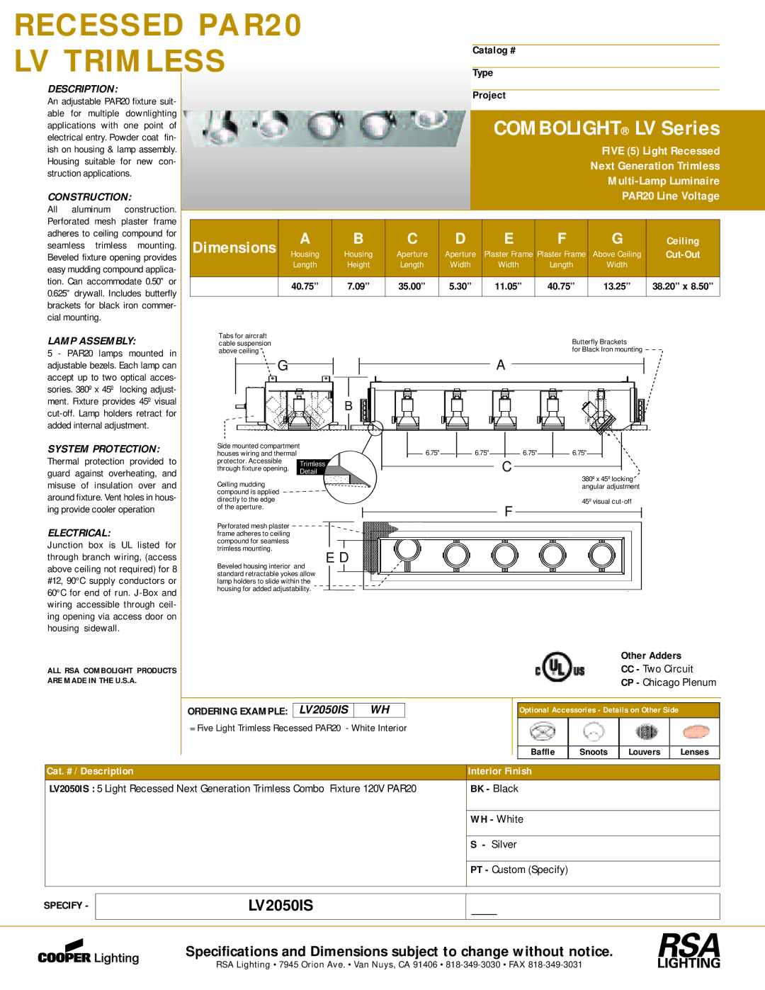 Cooper Lighting LV2050IS dimensions Construction, Lamp Assembly, Electrical 