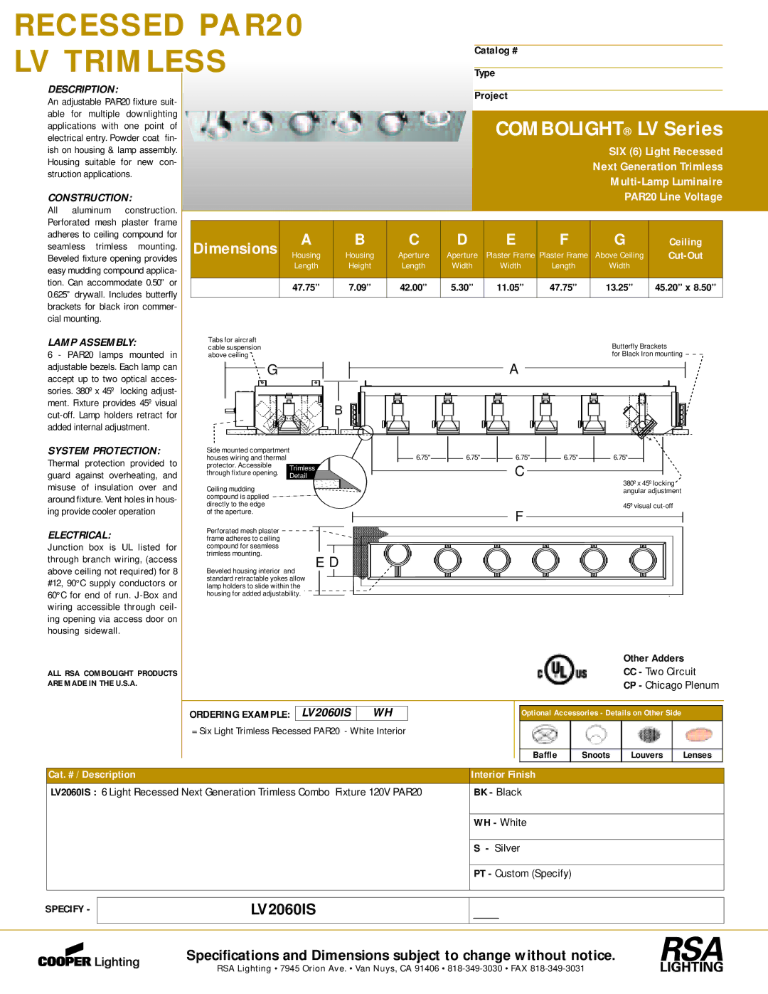 Cooper Lighting LV2060IS dimensions Lamp Assembly, System Protection, Electrical 