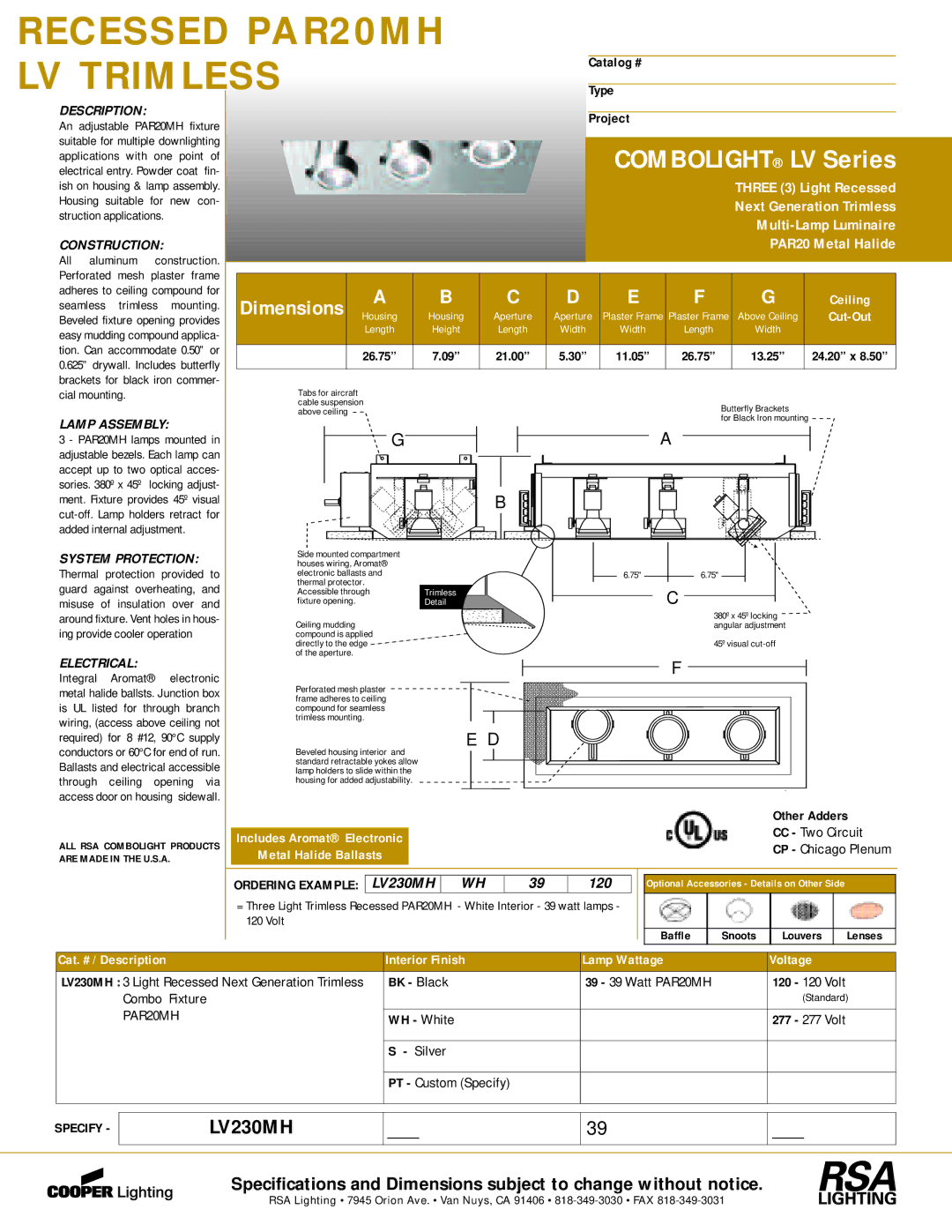 Cooper Lighting LV230MH dimensions Construction, Lamp Assembly, System Protection, Electrical 