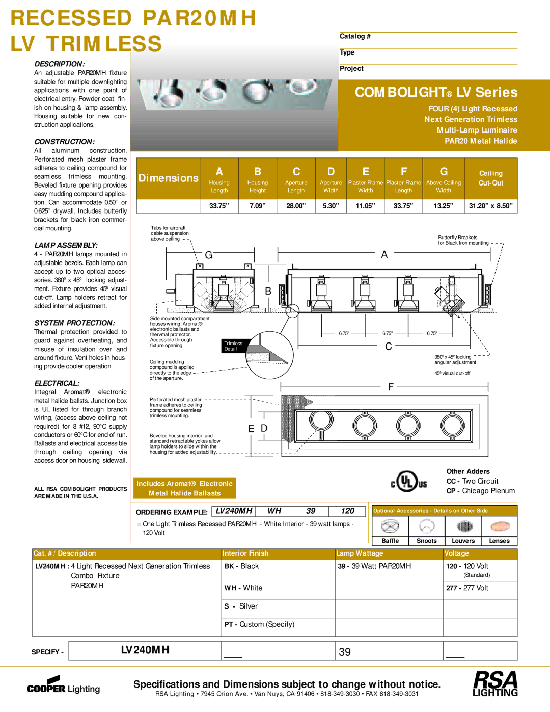Cooper Lighting LV240MH dimensions Multi-Lamp Luminaire, Metal Halide Ballasts 