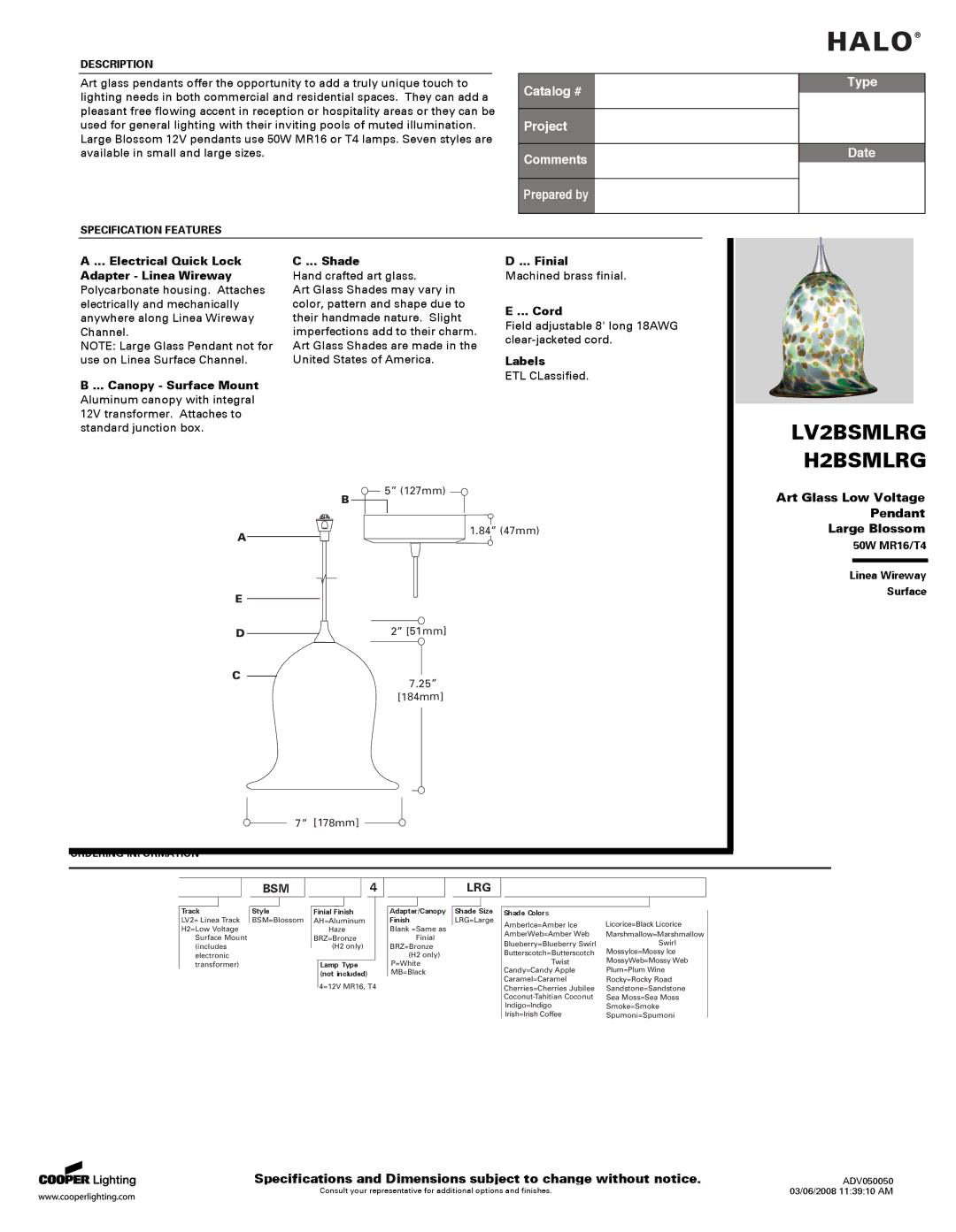 Cooper Lighting specifications Halo, LV2BSMLRG H2BSMLRG, Type, Date, Bsm Lrg 