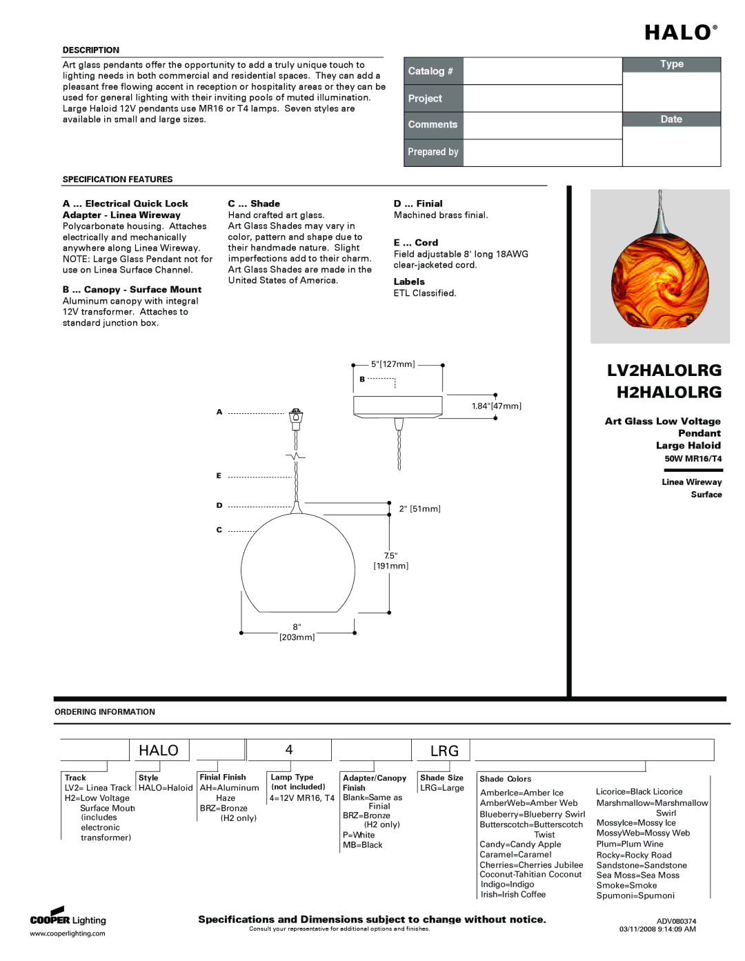 Cooper Lighting H2HALOLRG, LV2HALOLRG specifications Halo, Lrg 