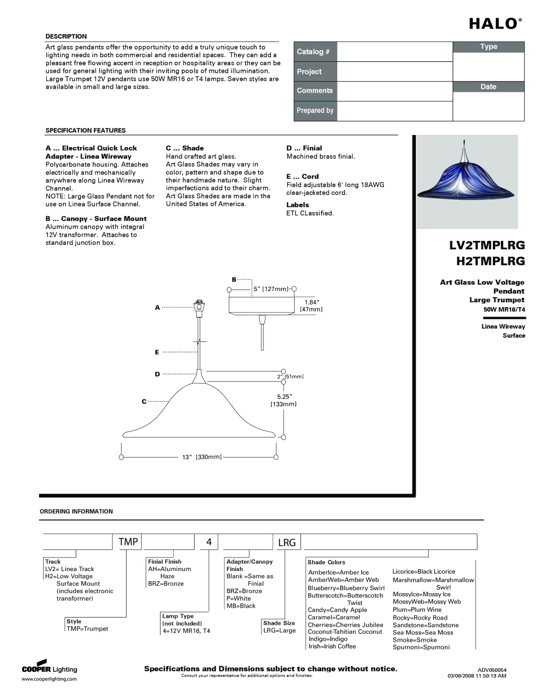 Cooper Lighting H2TMPLRG specifications Electrical Quick Lock Adapter Linea Wireway, Canopy Surface Mount Shade, Finial 