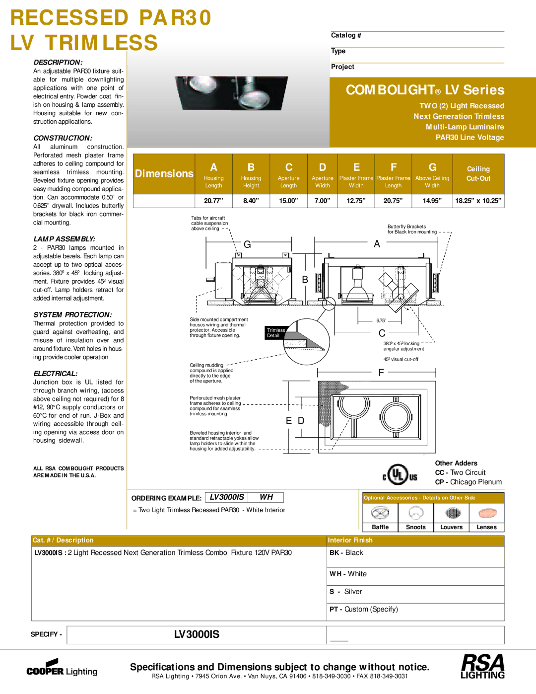 Cooper Lighting LV3000IS dimensions Construction, Lamp Assembly, Electrical 