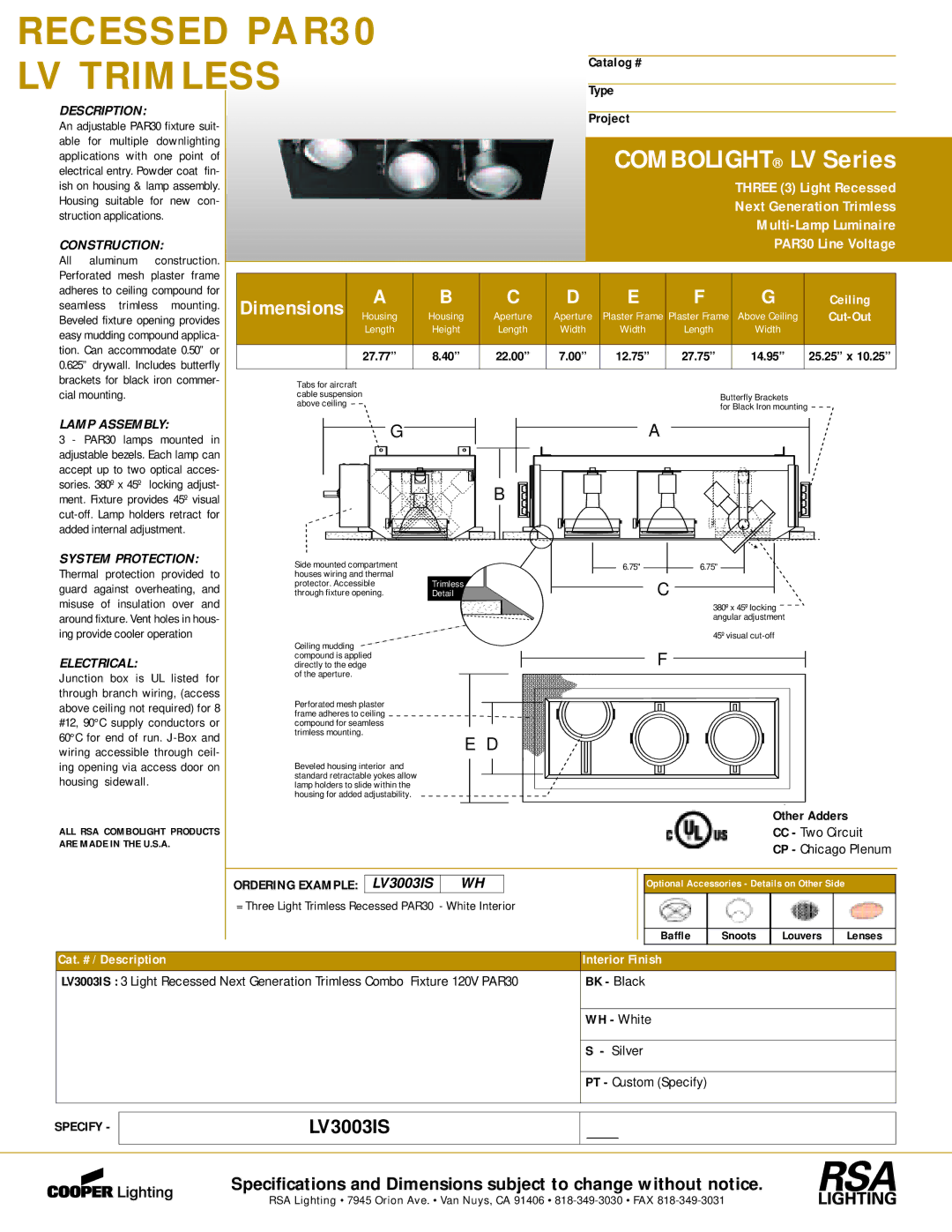 Cooper Lighting LV3003IS dimensions Lamp Assembly, System Protection, Electrical 