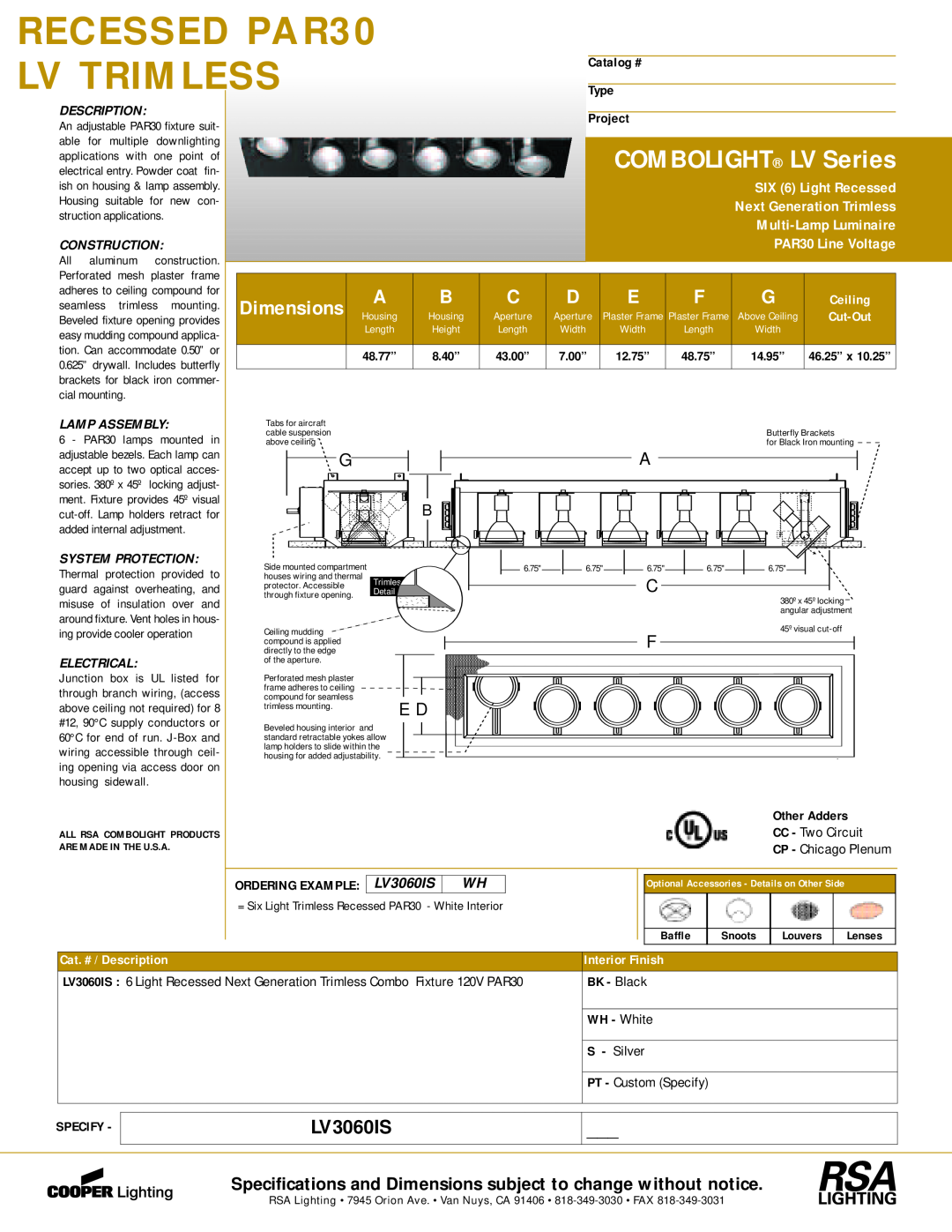 Cooper Lighting LV3060IS dimensions RECESSED PAR30, Lv Trimless, COMBOLIGHT LV Series, Dimensions, SIX 6 Light Recessed 