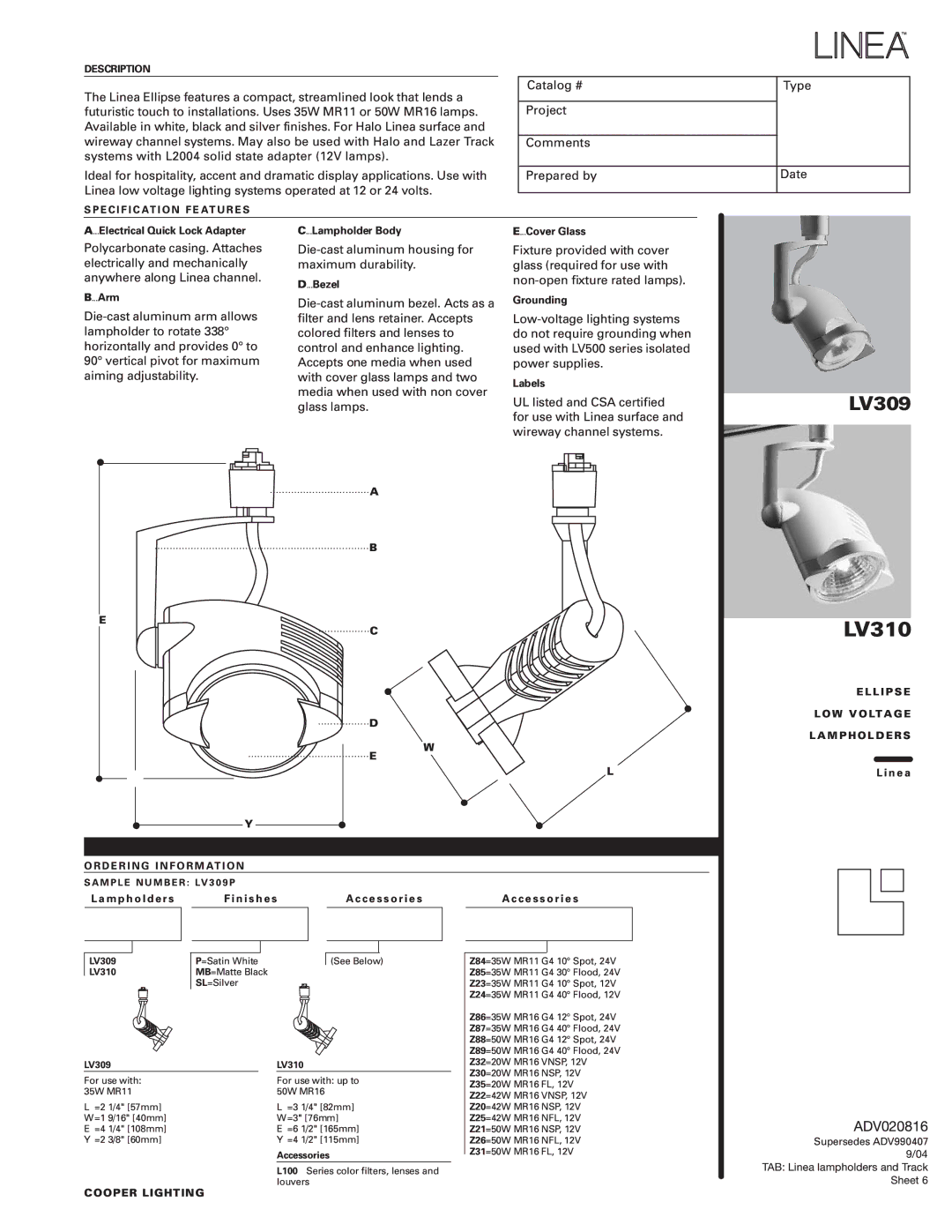 Cooper Lighting LV309, LV310 manual , ,  