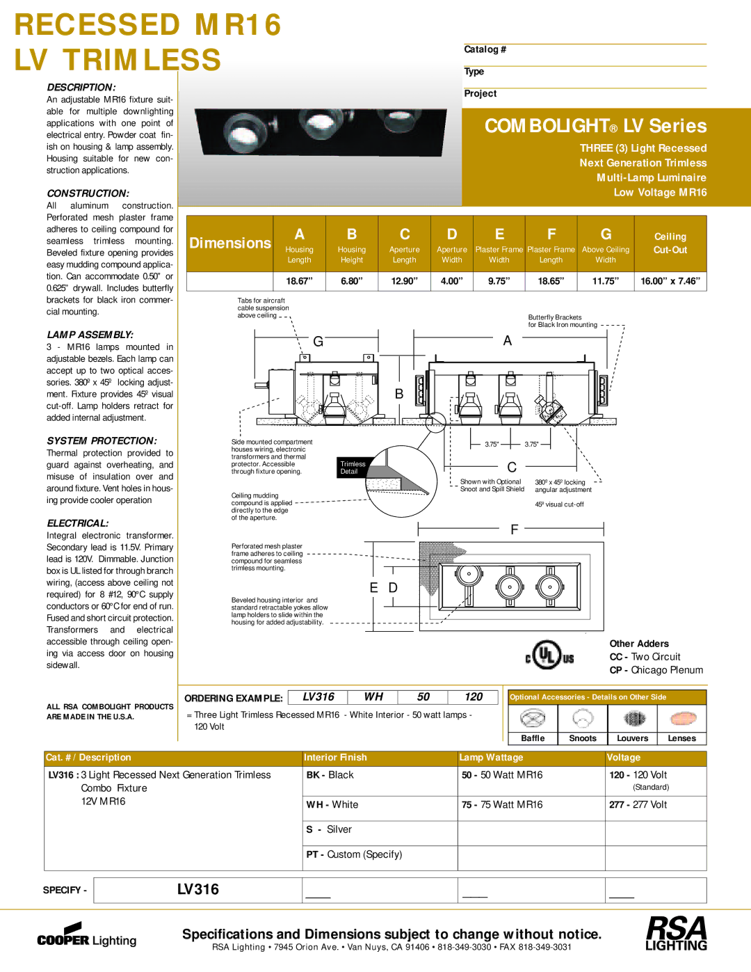 Cooper Lighting LV316 dimensions Lamp Assembly, Electrical, Ordering Example 