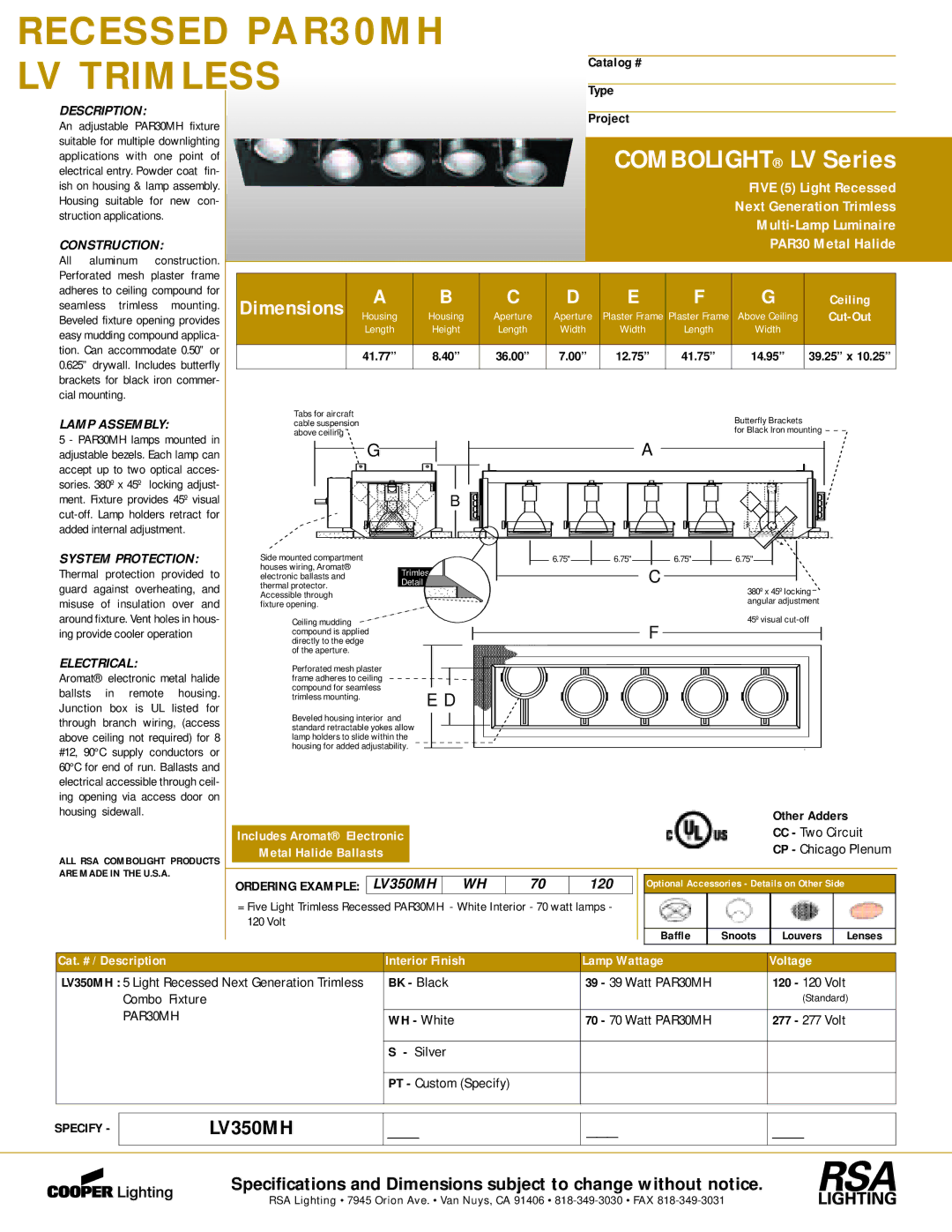 Cooper Lighting LV350MH dimensions Lamp Assembly, System Protection, Electrical 