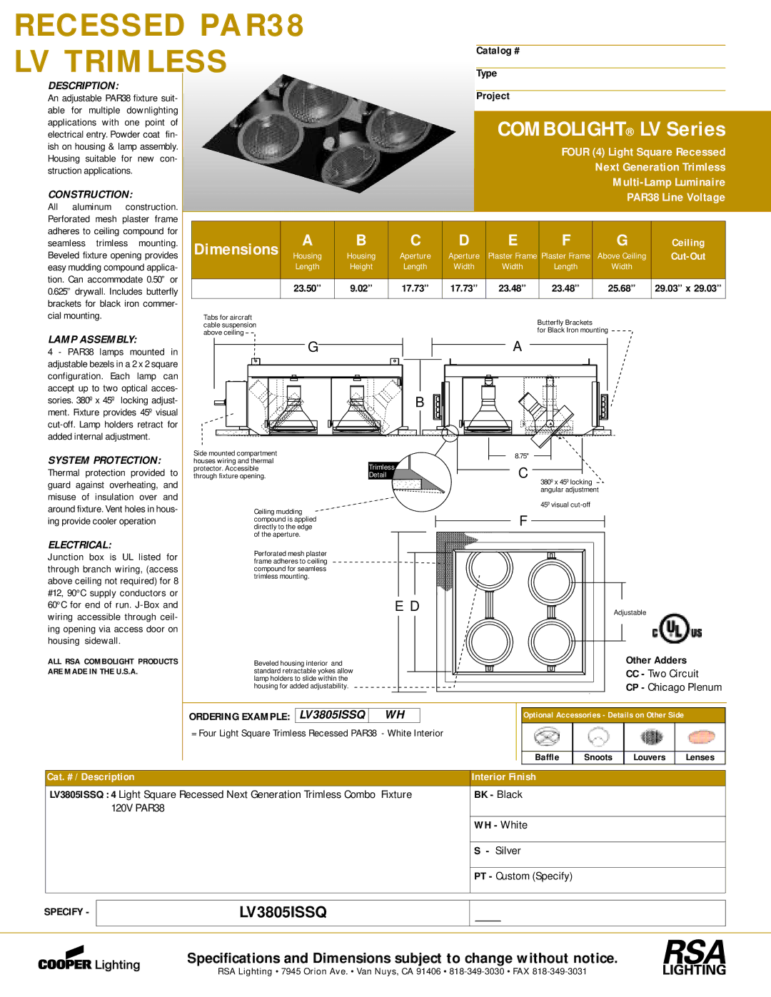 Cooper Lighting LV3805ISSQ dimensions Lamp Assembly, Electrical, Ordering Example 