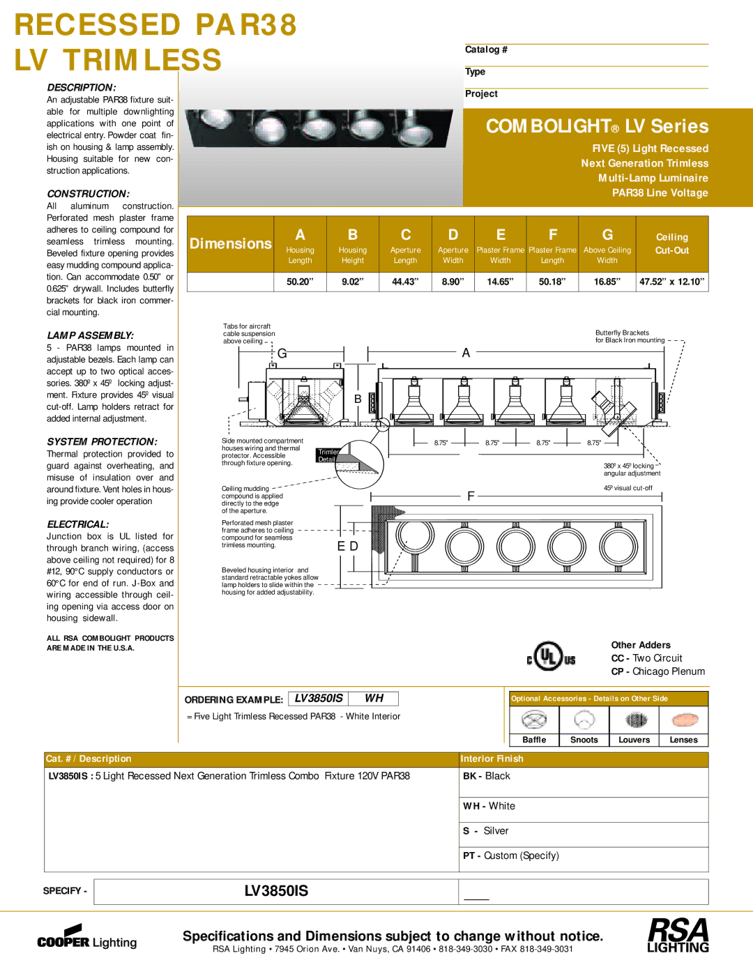 Cooper Lighting LV3850IS dimensions Lamp Assembly, System Protection, Electrical 