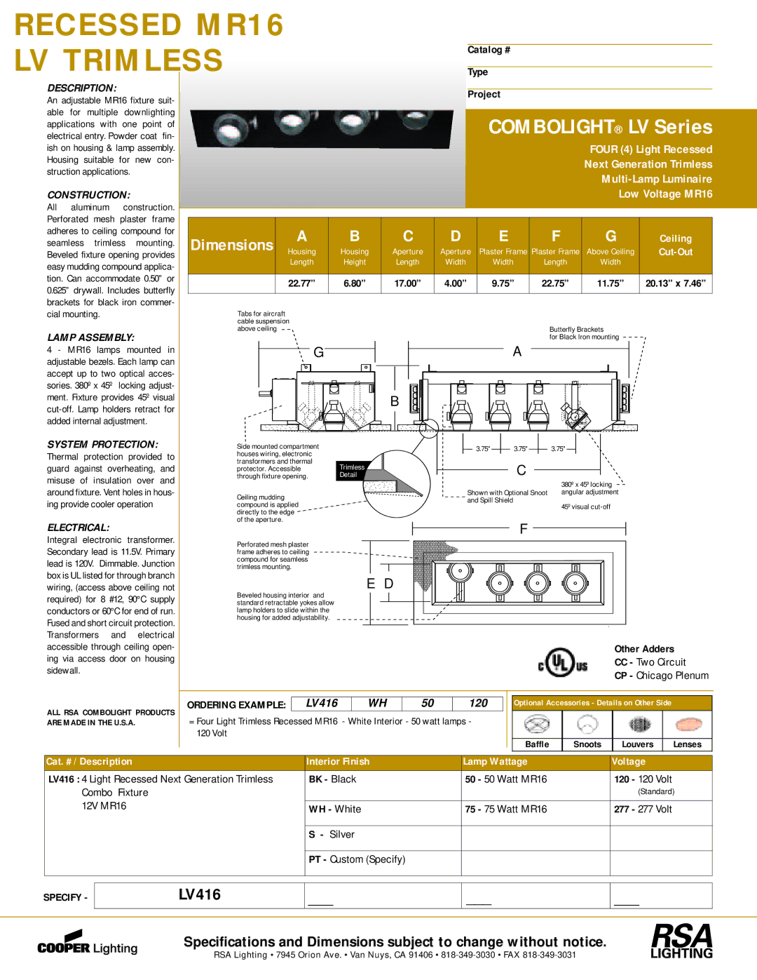 Cooper Lighting LV416 dimensions Construction, Lamp Assembly, System Protection, Electrical, Ordering Example 