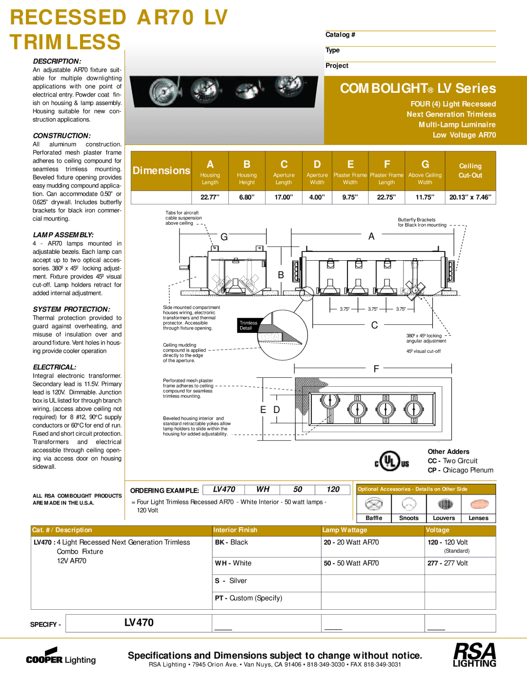 Cooper Lighting LV470 dimensions Lamp Assembly, Electrical, Ordering Example 