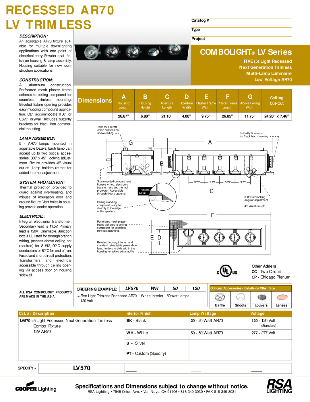 Cooper Lighting LV570 dimensions Catalog #, Project, 11.75, Other Adders 
