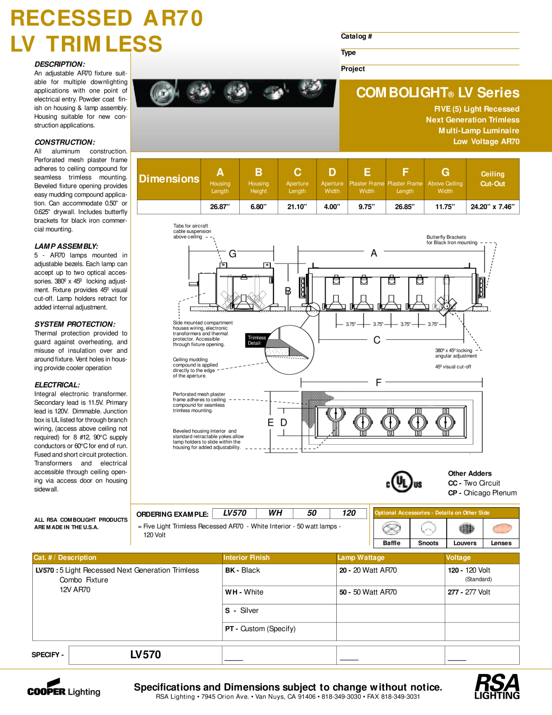 Cooper Lighting LV570 dimensions RECESSED AR70, Lv Trimless, COMBOLIGHT LV Series, Dimensions, Low Voltage AR70, Catalog # 