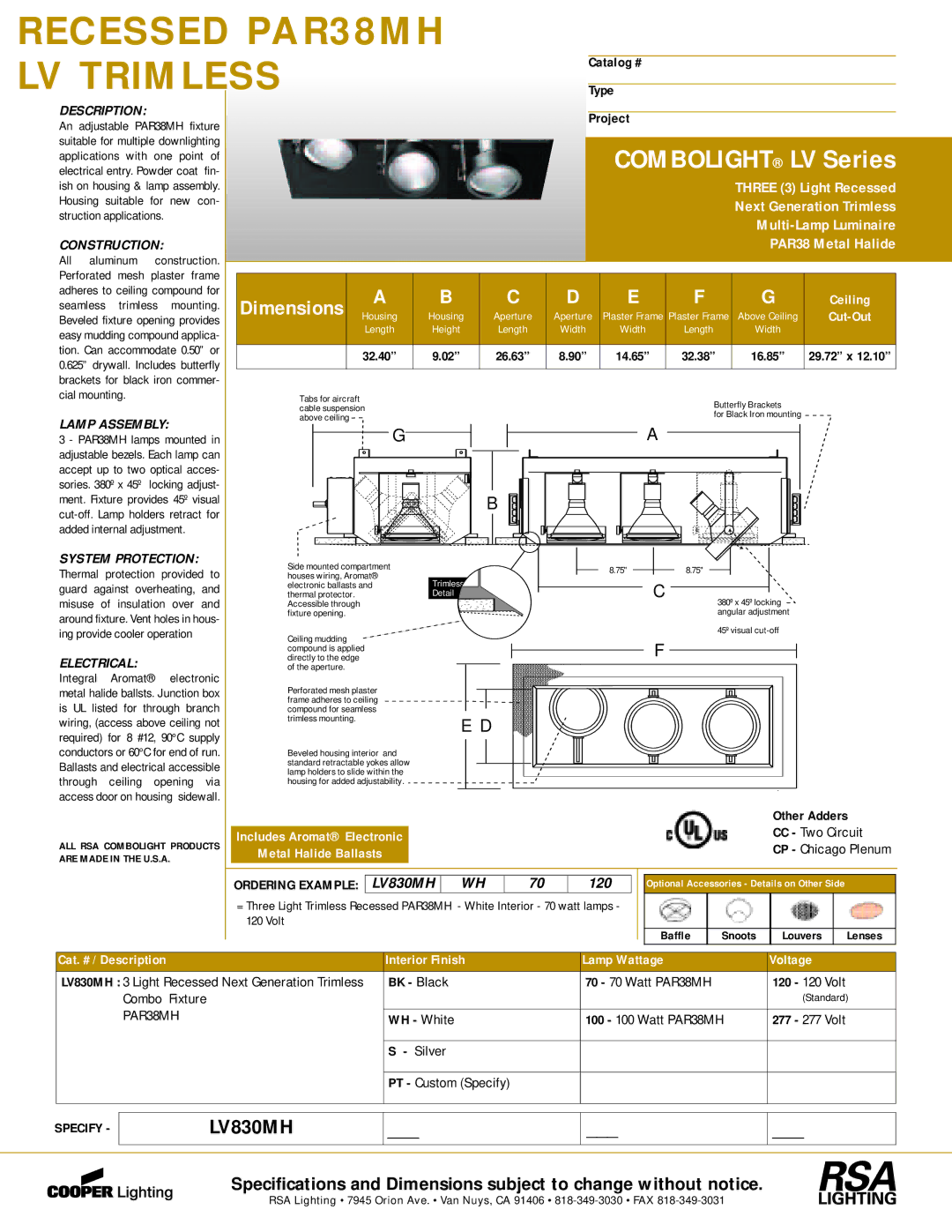 Cooper Lighting LV830MH dimensions An adjustable PAR38MH fixture, Fin Applications with one point, All Aluminum, Mesh 