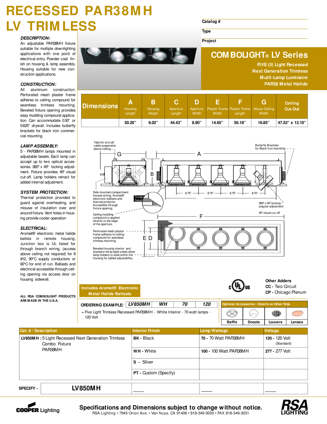 Cooper Lighting LV850MH dimensions RECESSED PAR38MH, Lv Trimless, COMBOLIGHT LV Series, Dimensions, FIVE 5 Light Recessed 